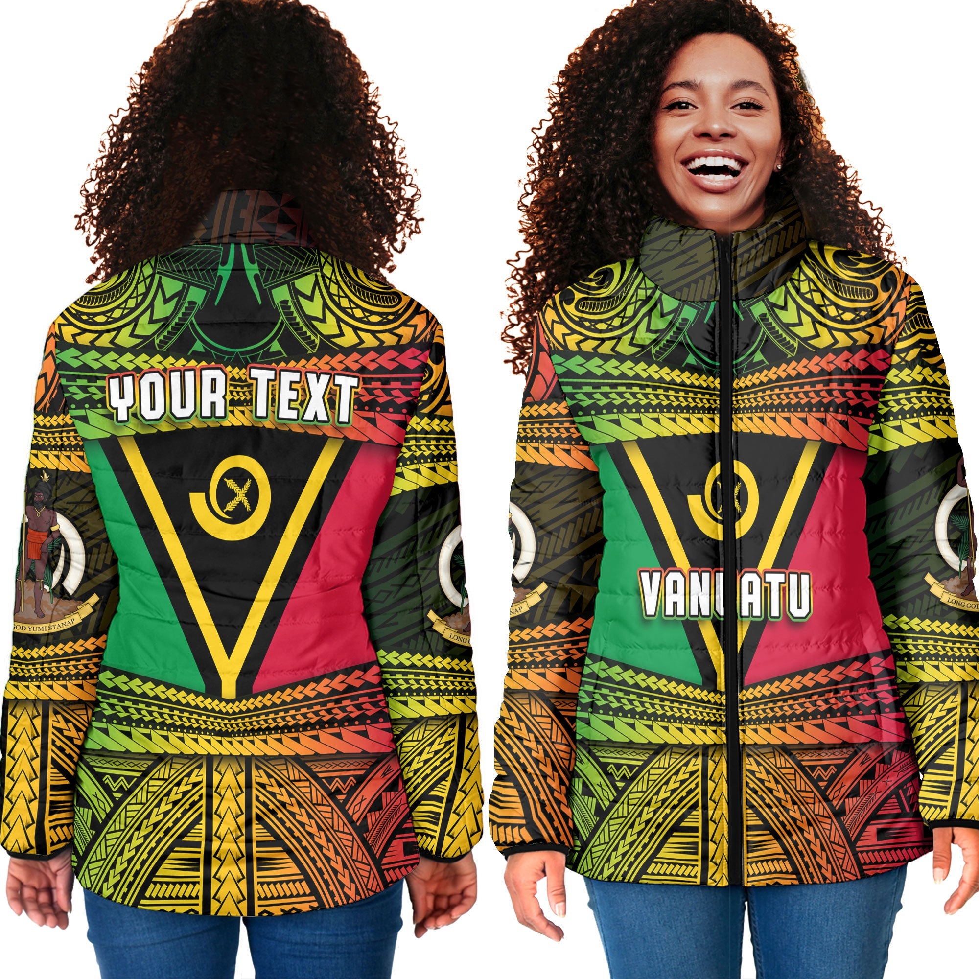 Custom Vanuatu Flag & Coat Of Arms Women Padded Jacket Reggae Style