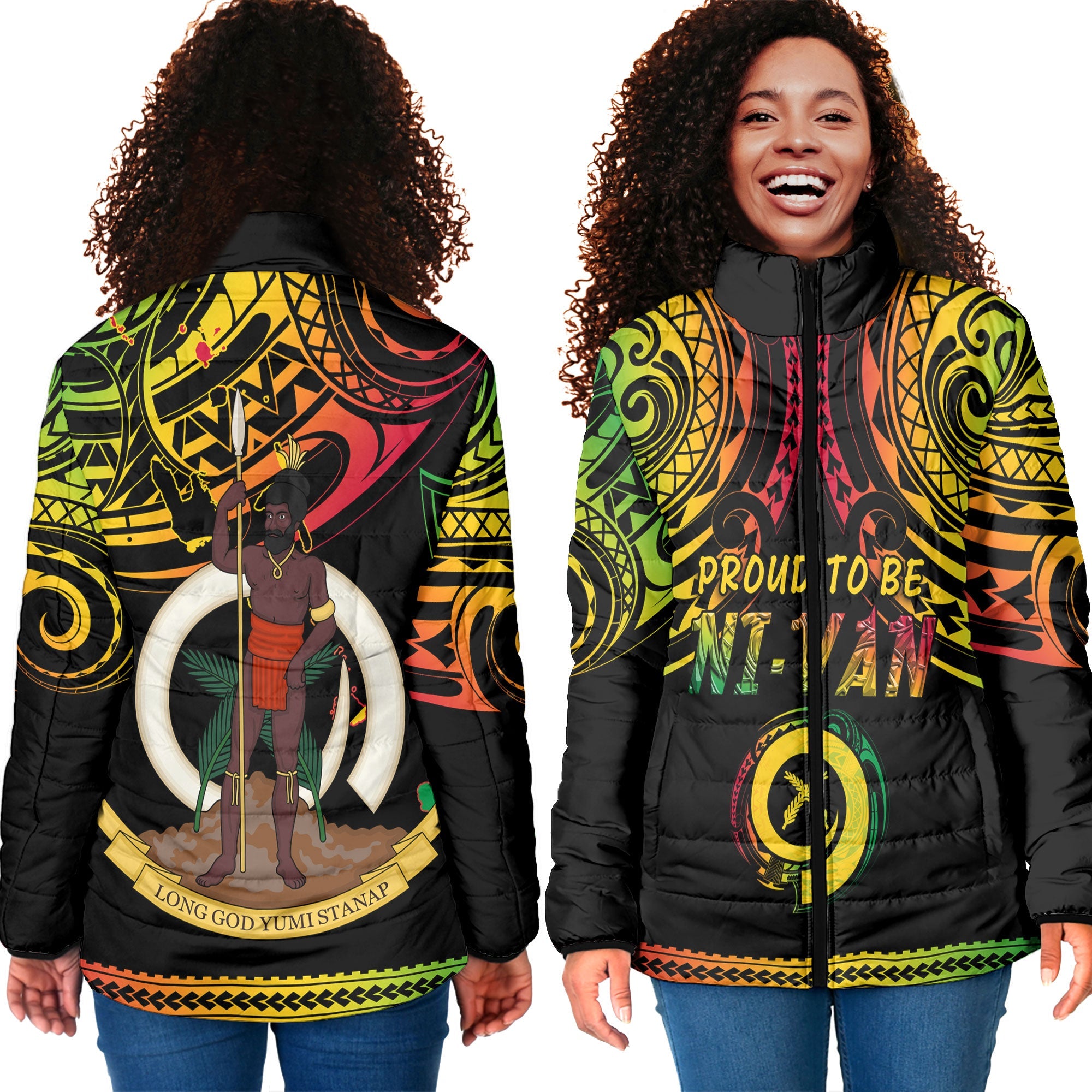 Vanuatu Proud To Be Ni-Van Women Padded Jacket Coat Of Arms Reggae Style