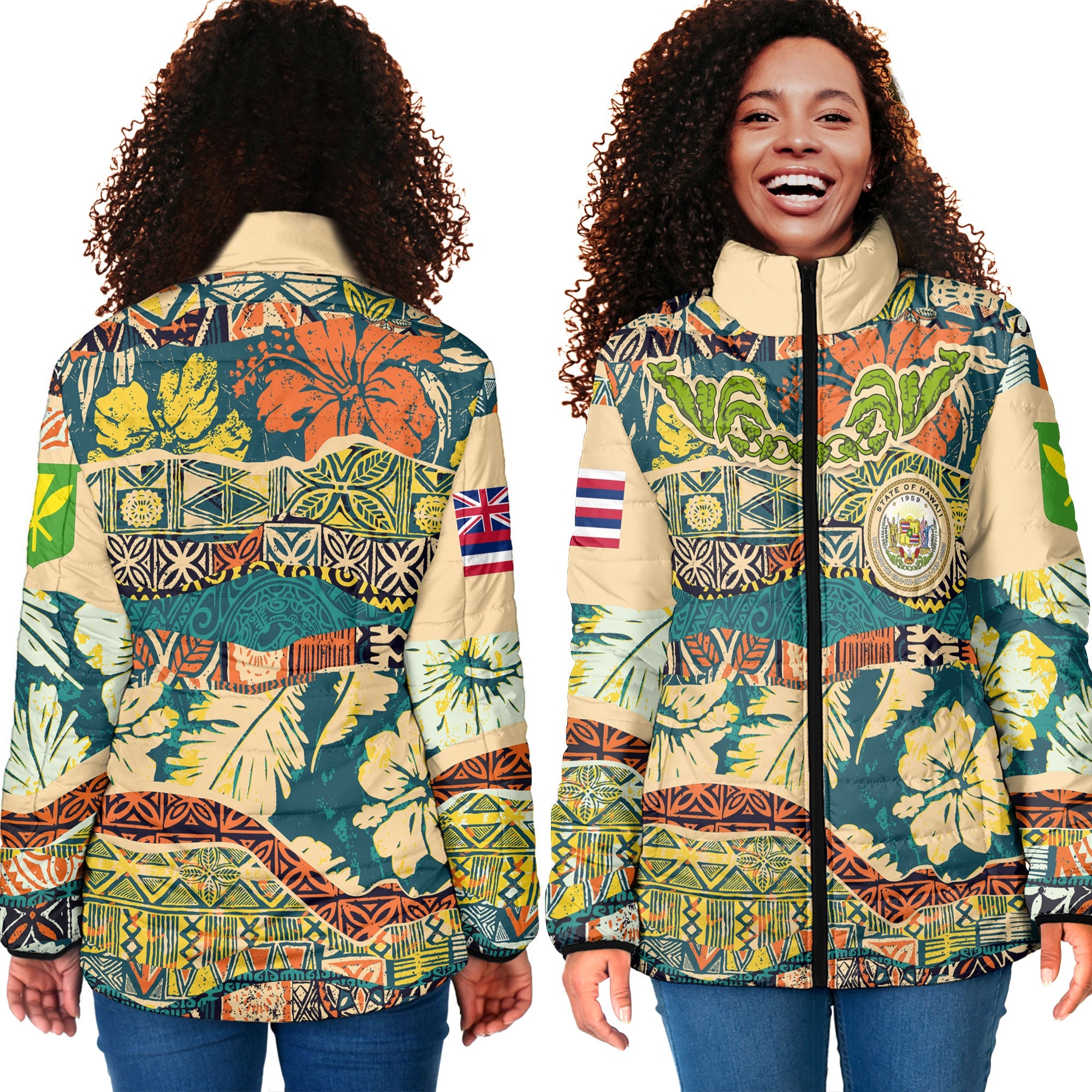 Hawaii Flag Women Padded Jacket Coat Of Arm Style