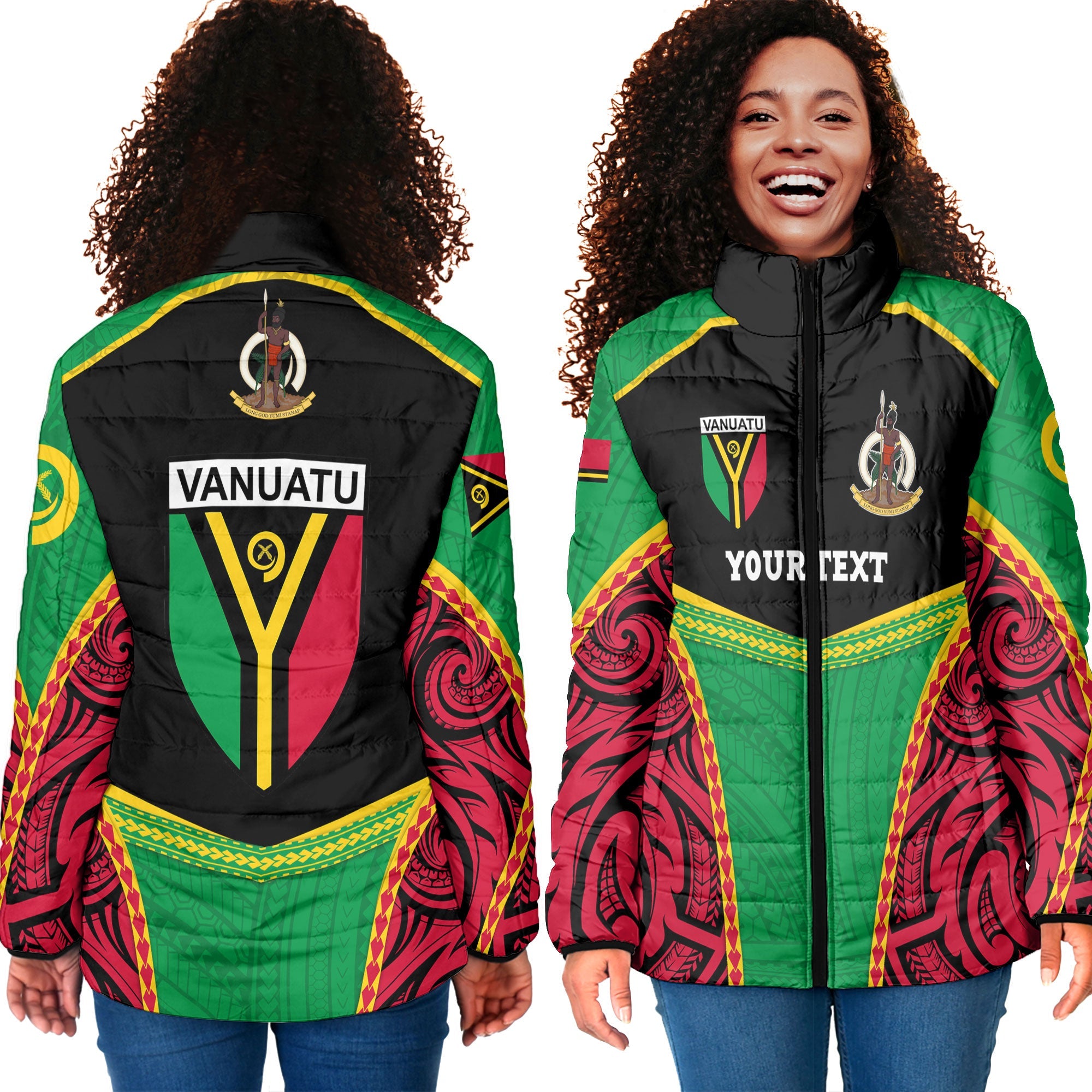 Custom Vanuatu Flag & Coat Of Arms Women Padded Jacket Black Style