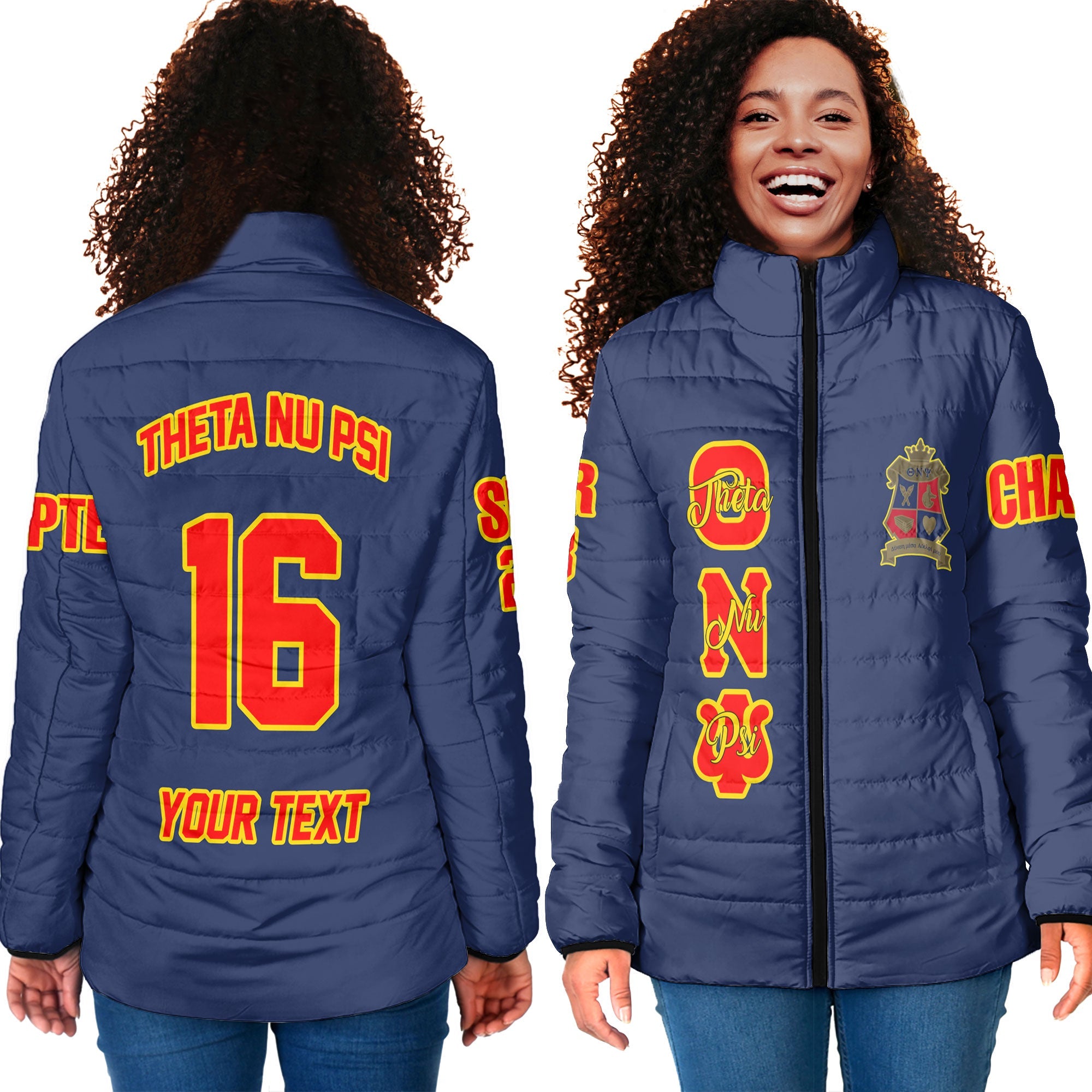 Fraternity Jacket - Personalized Theta Nu Psi Women Padded Jacket Original Blue Style