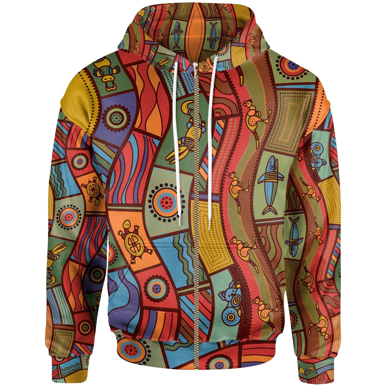 Zip Up- Hoodie - Aboriginal Art With Animals