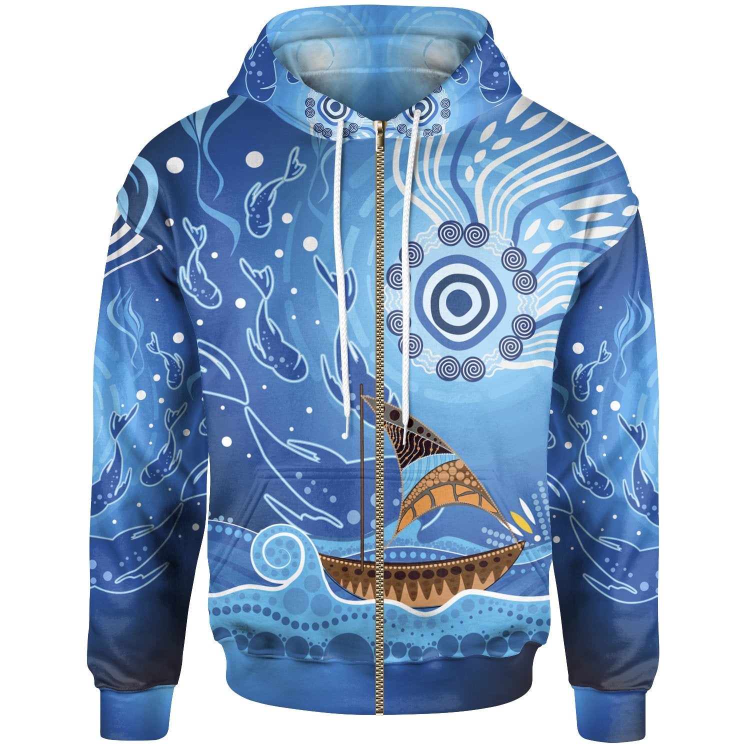 Zip Hoodie - Aboriginal View Sea With Fish And Boat