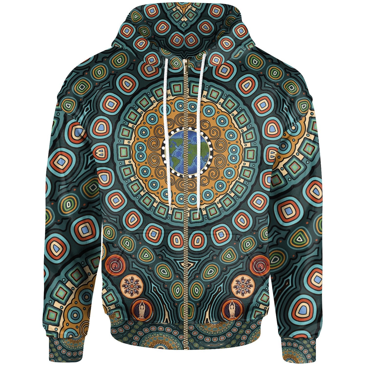 Zip Hoodie - Aboriginal Green Dot Painting With Earth