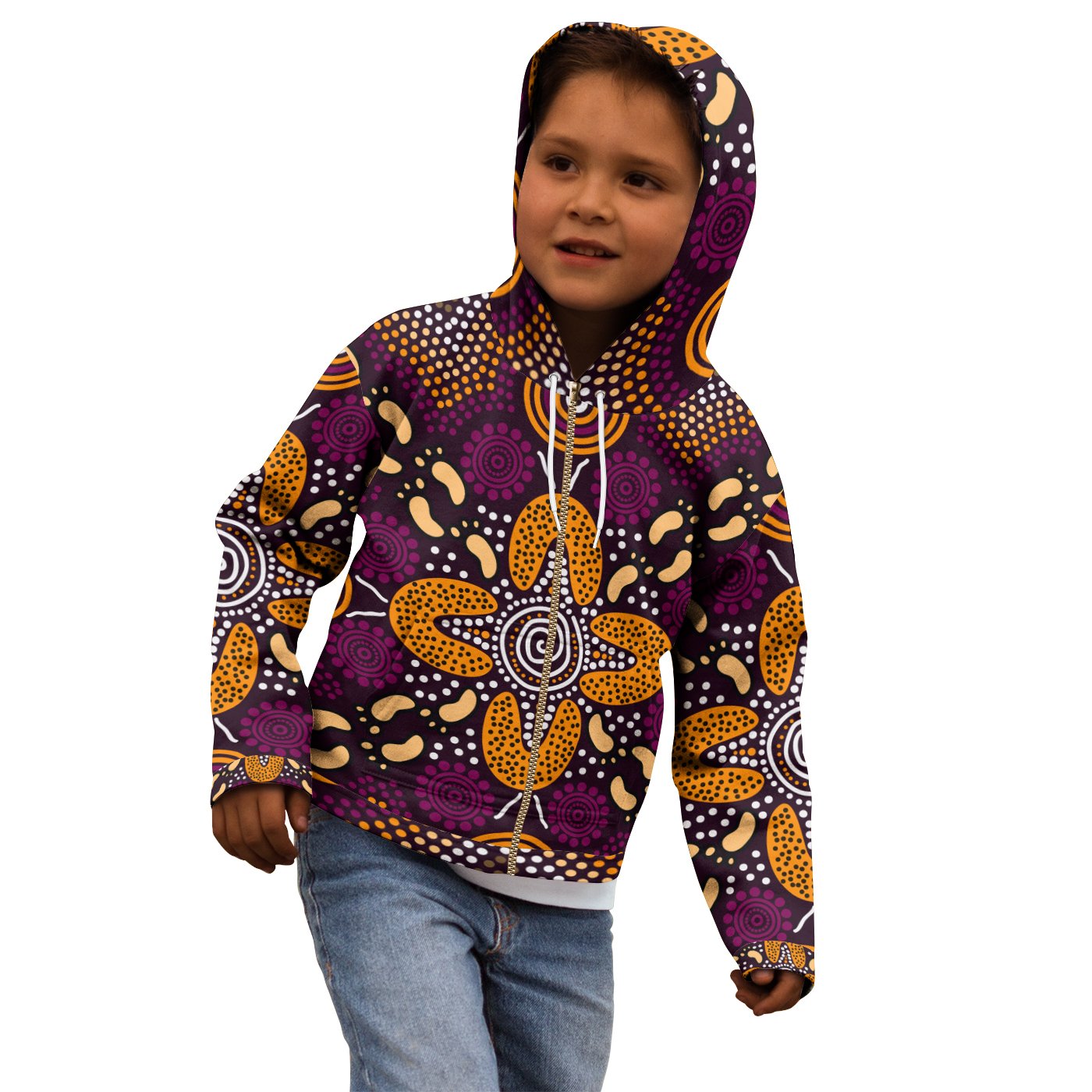 Aboriginal Zip Hoodie Kid - Flowers Dot Panting Art