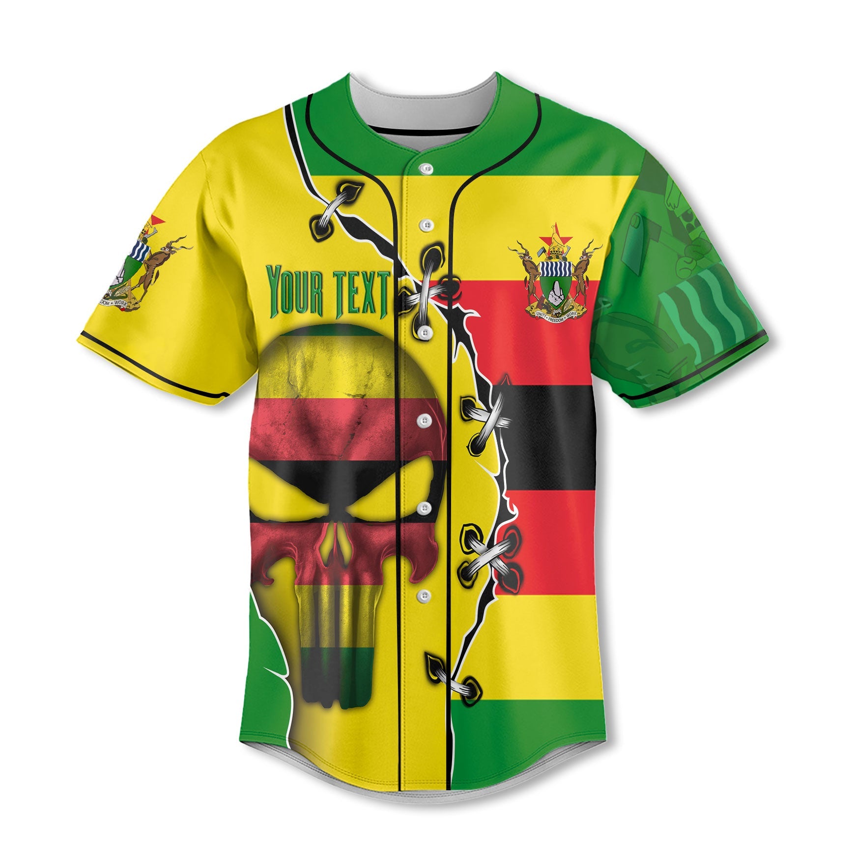 Zimbabwe Baseball Jersey Flag & Coat Of Arms Skull Style