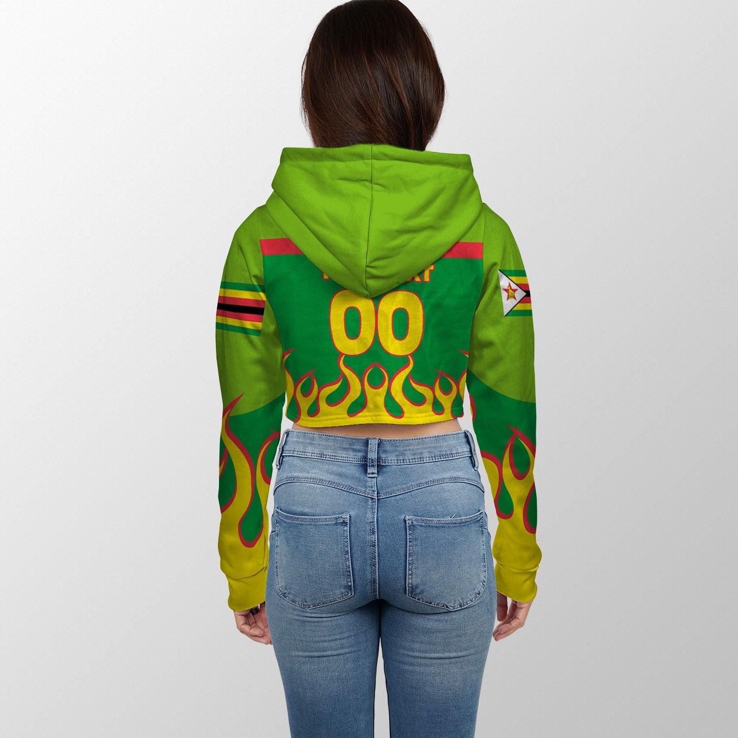 Zimbabwe Crop Hoodie Flag & Coat Of Arms Fire Hockey Style