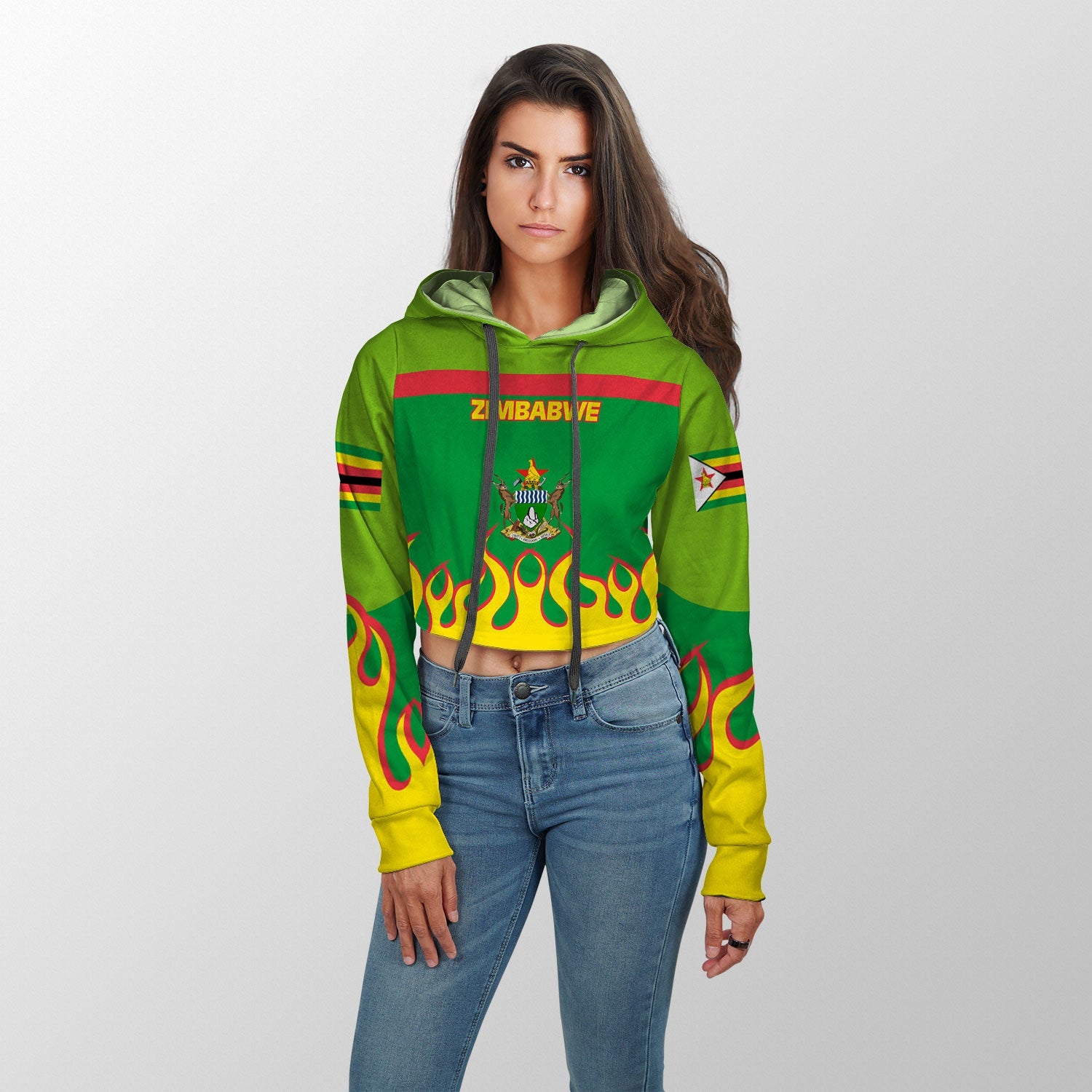 Zimbabwe Crop Hoodie Flag & Coat Of Arms Fire Hockey Style