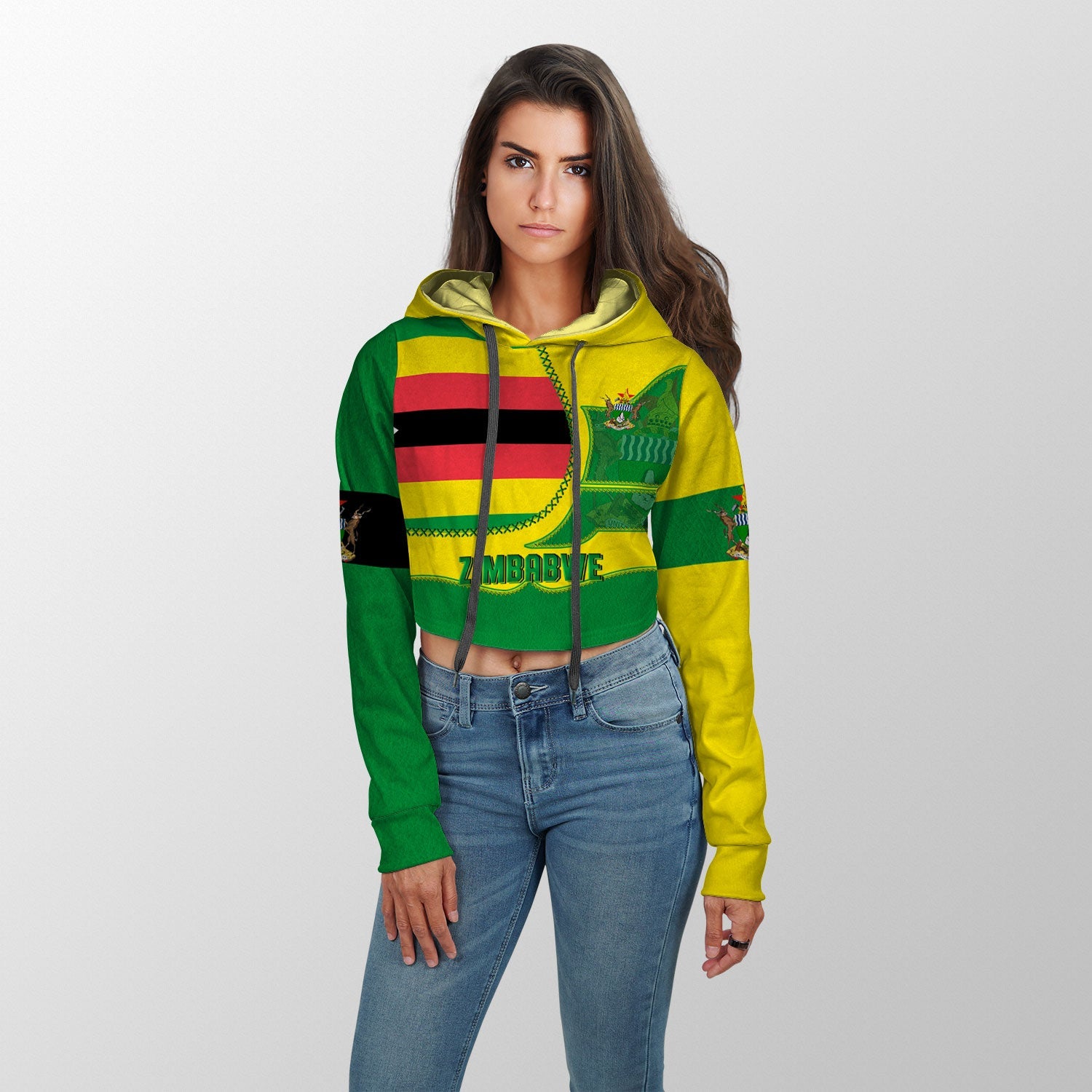 Zimbabwe Crop Hoodie Flag & Coat Of Arms Leather Style