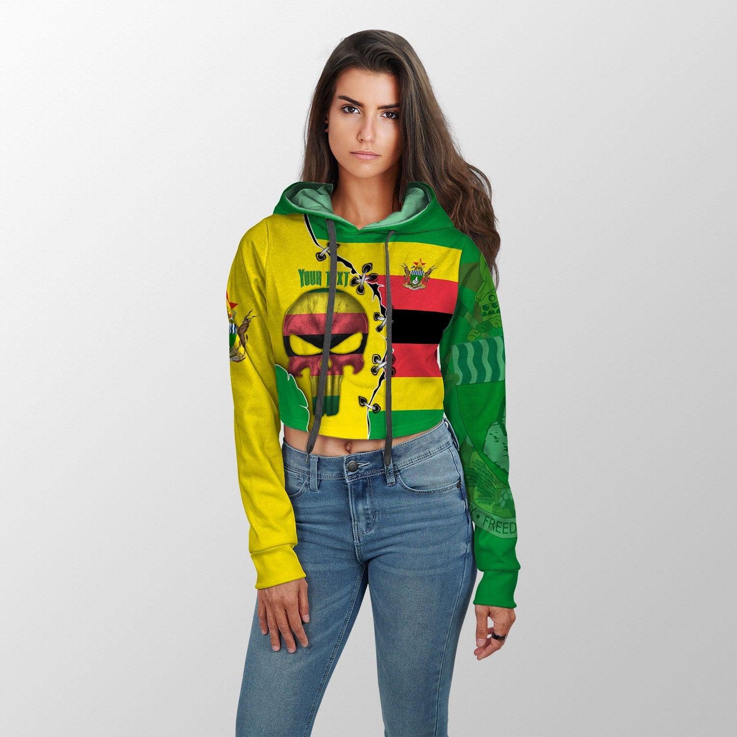 Zimbabwe Crop Hoodie Flag & Coat Of Arms Skull Style