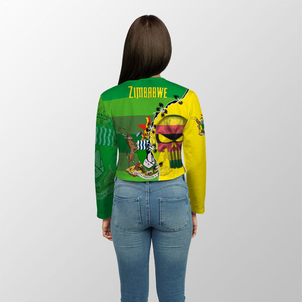 Zimbabwe Crop Top Long TShirt Flag & Coat Of Arms Skull Style