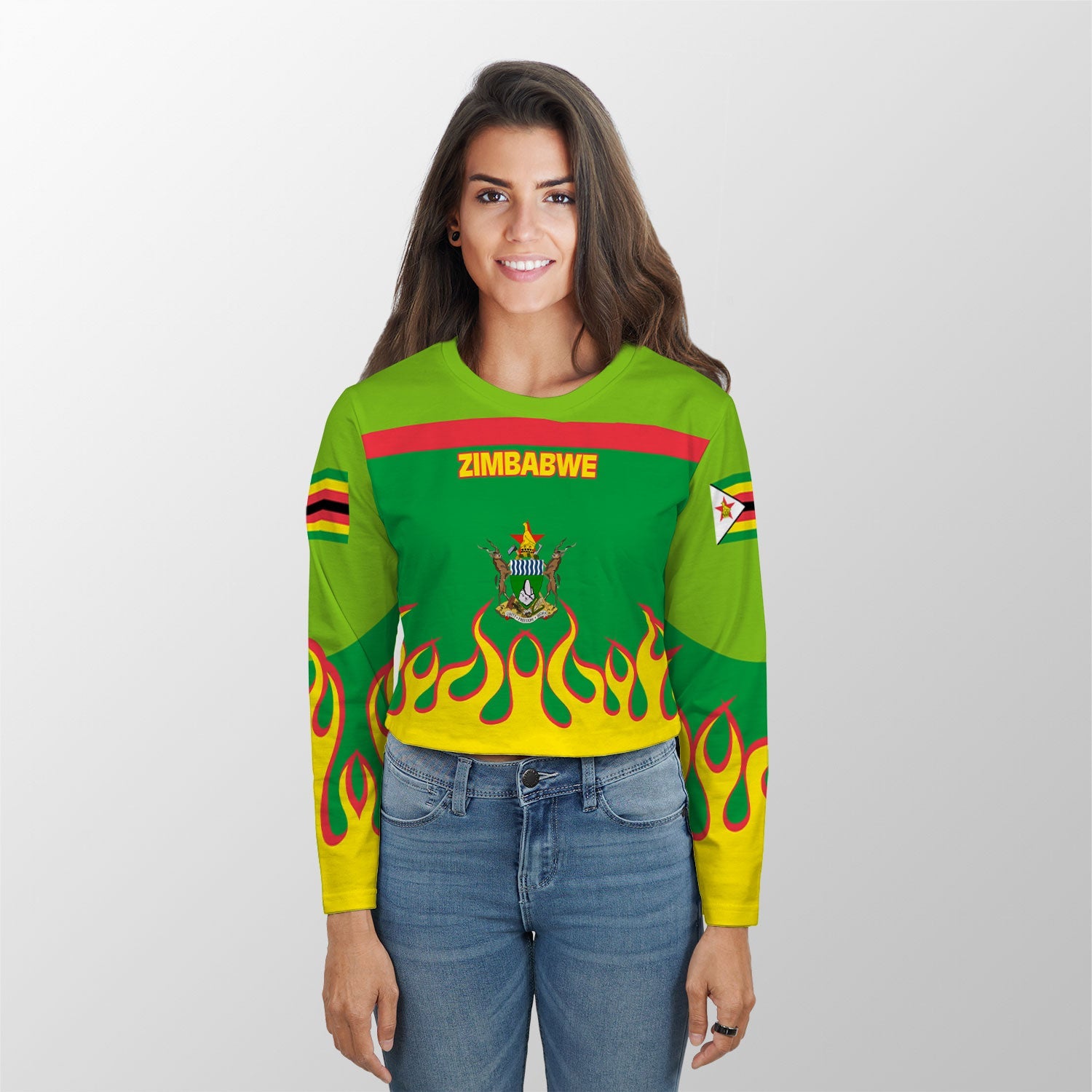 Zimbabwe Crop Top Long TShirt Flag & Coat Of Arms Fire Hockey Style