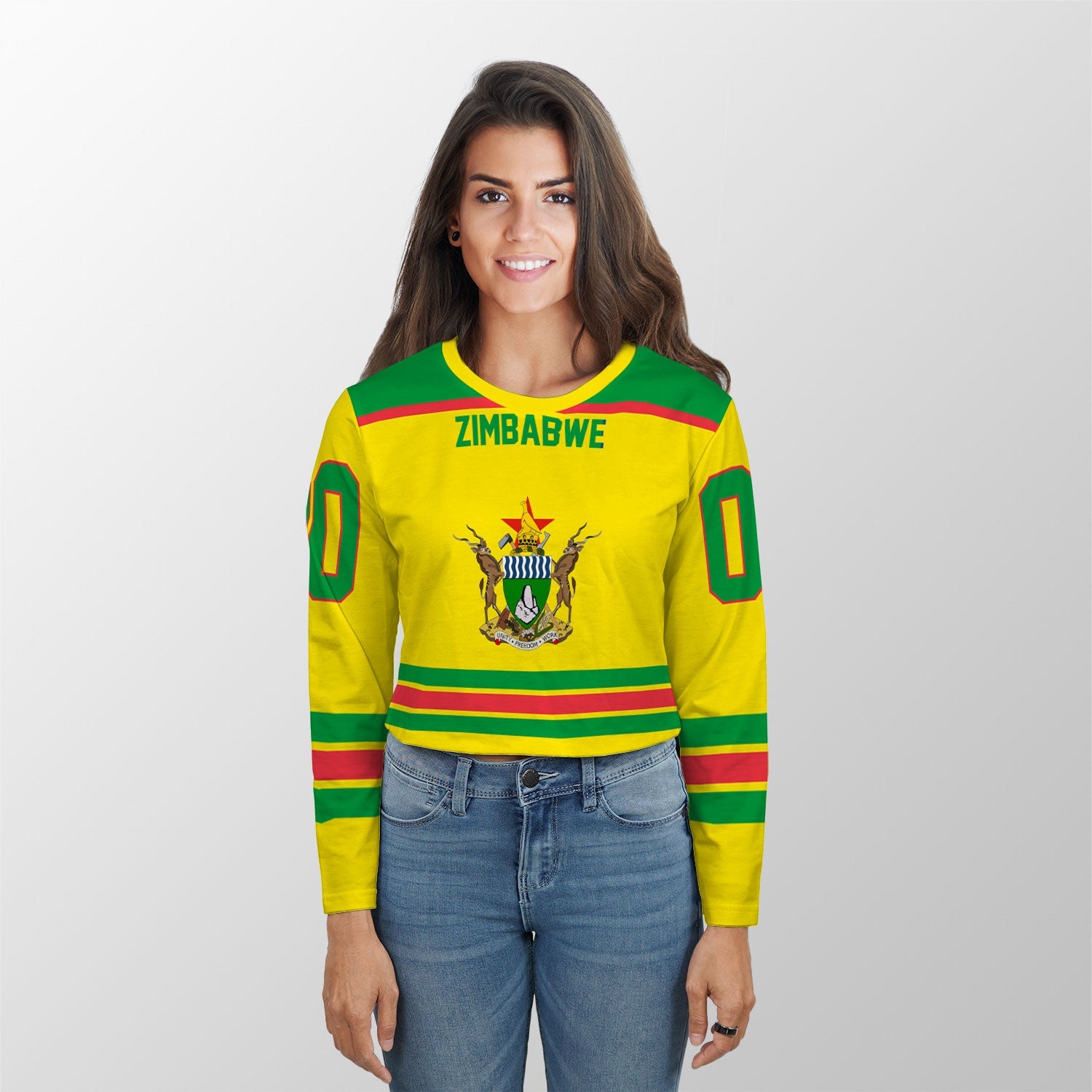 Zimbabwe Crop Top Long T Shirt Flag & Coat Of Arms Hockey Style