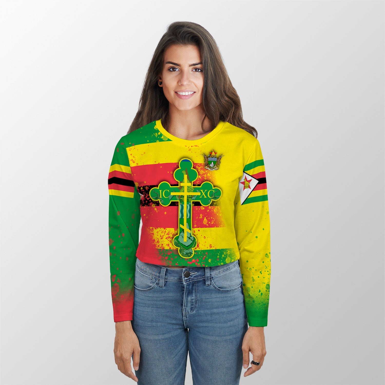 Zimbabwe Crop Top Long TShirt Flag & Coat Of Arms Orthodox Style