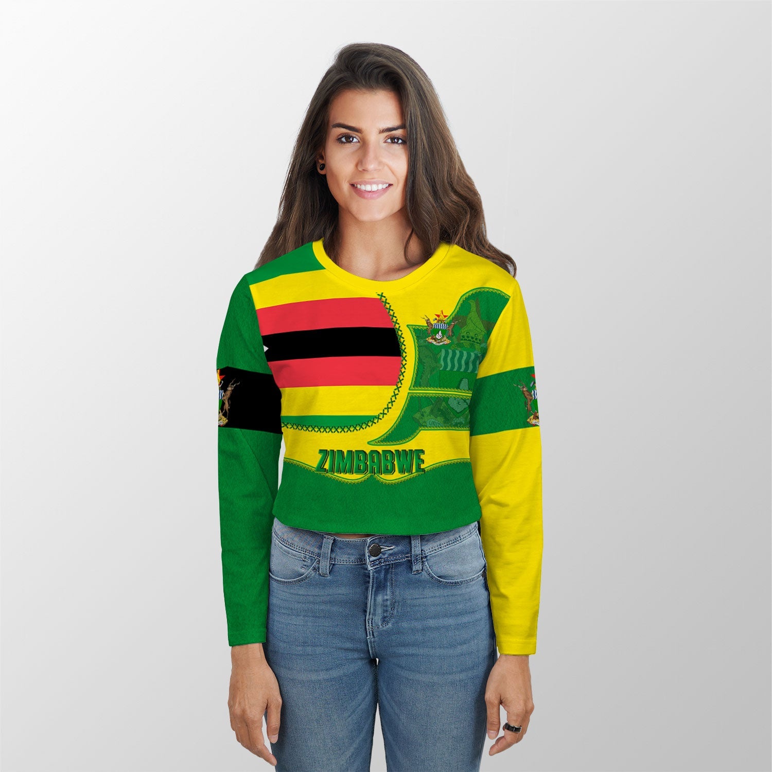 Zimbabwe Crop Top Long T Shirt Flag & Coat Of Arms Leather Style