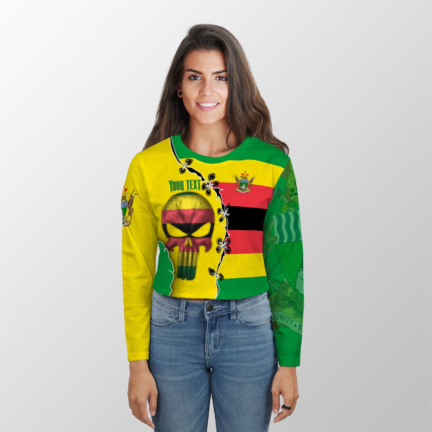 Zimbabwe Crop Top Long TShirt Flag & Coat Of Arms Skull Style