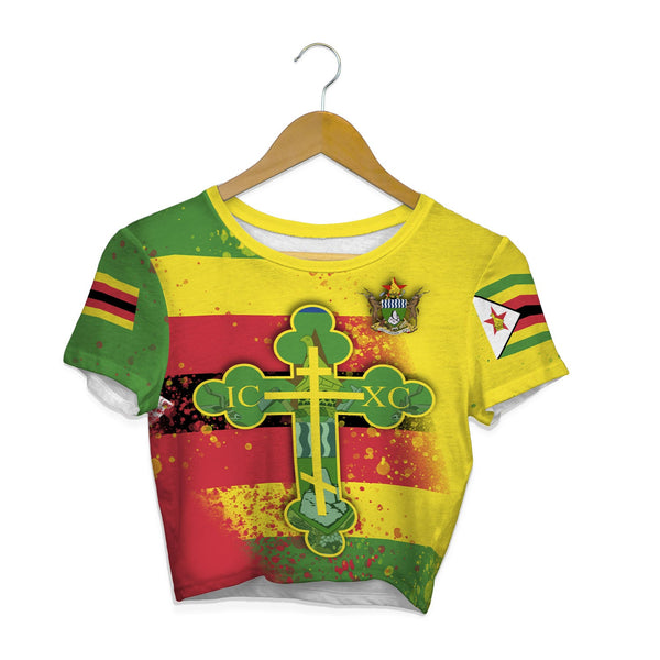 Zimbabwe Crop Top T Shirt Flag & Coat Of Arms Orthodox Style