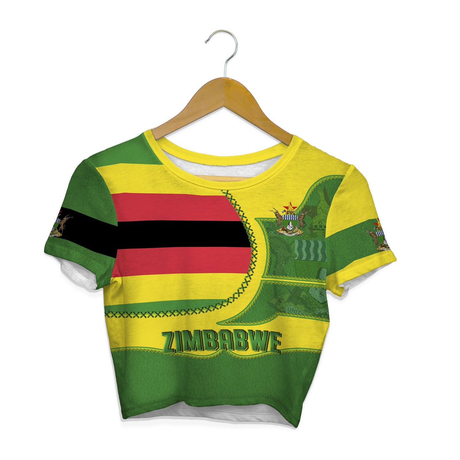 Zimbabwe Crop Top T Shirt Flag & Coat Of Arms Leather Style