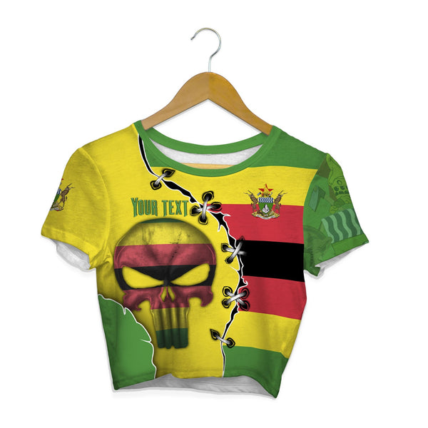 Zimbabwe Crop Top T Shirt Flag & Coat Of Arms Skull Style