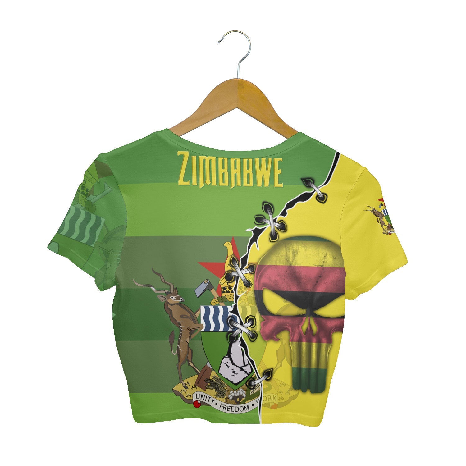 Zimbabwe Crop Top T Shirt Flag & Coat Of Arms Skull Style