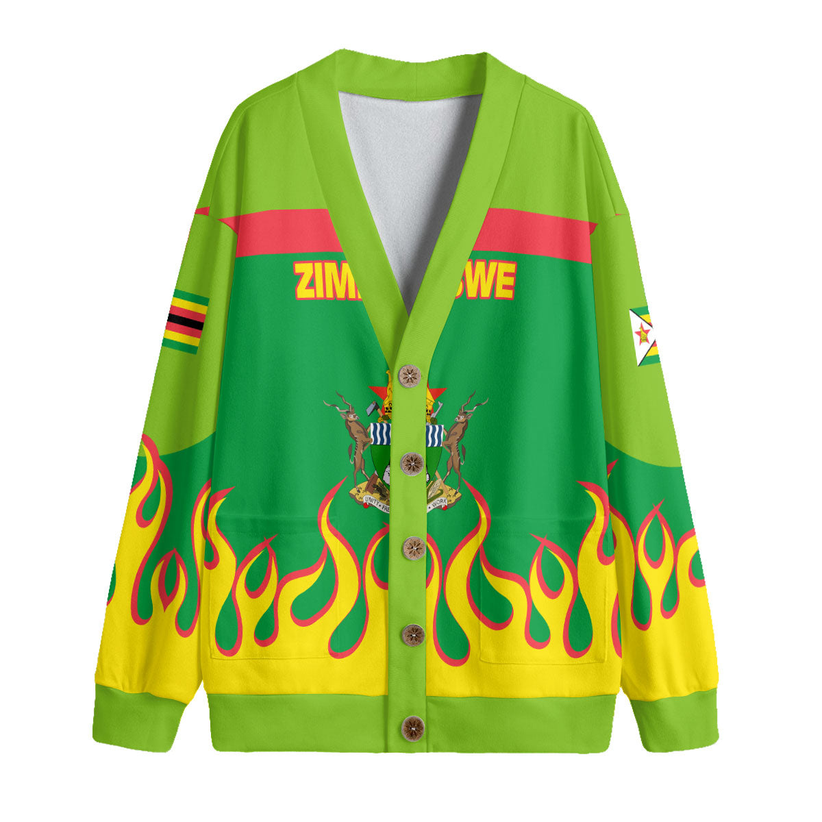 Zimbabwe Fleece Cardigan Flag & Coat Of Arms Fire Hockey Style