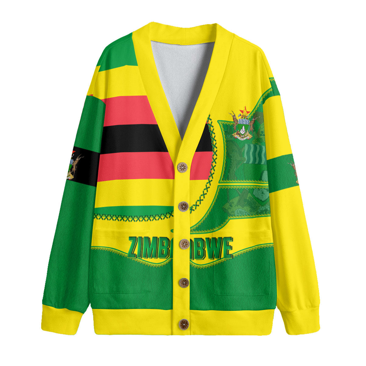 Zimbabwe Fleece Cardigan Flag & Coat Of Arms Leather Style