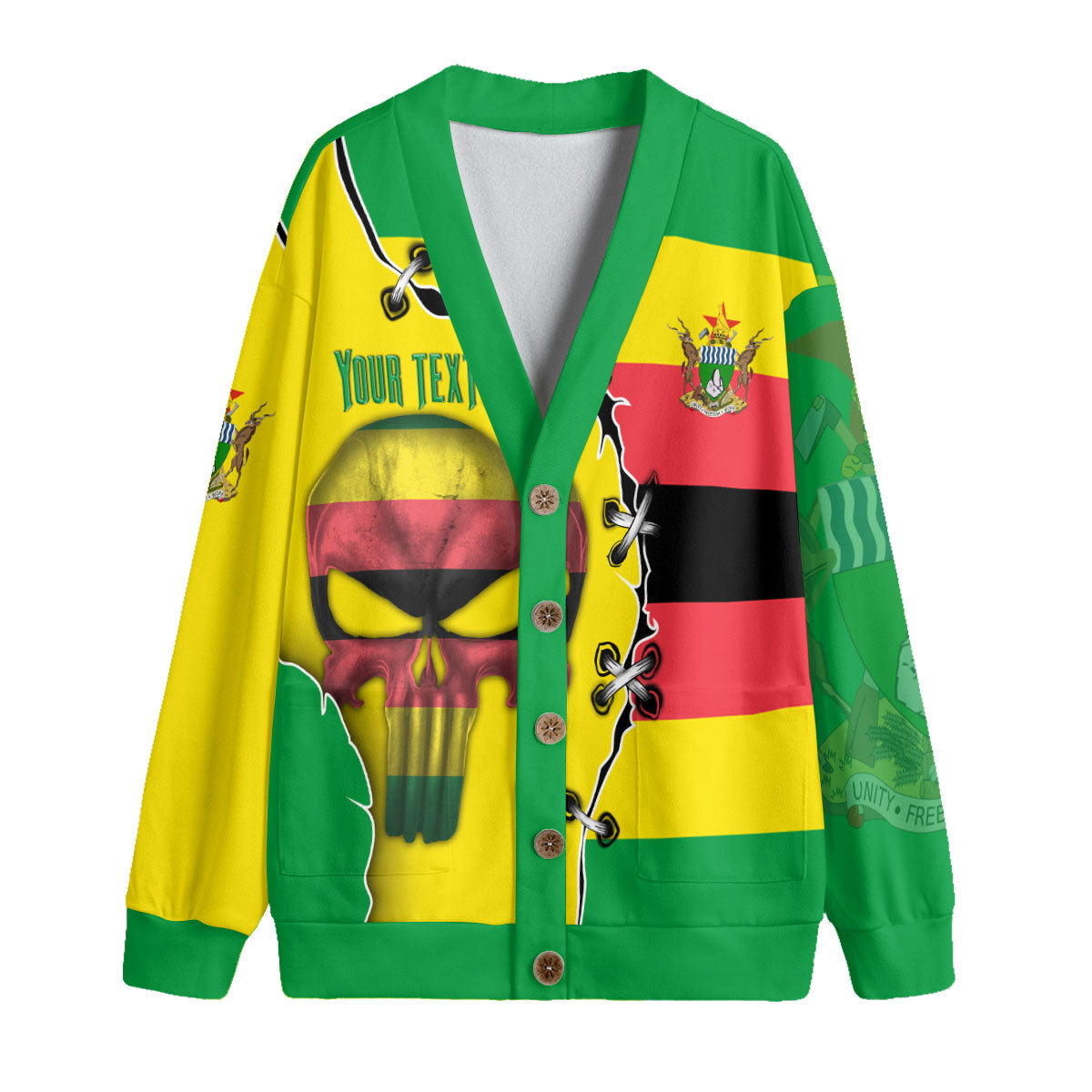 Zimbabwe Fleece Cardigan Flag & Coat Of Arms Skull Style