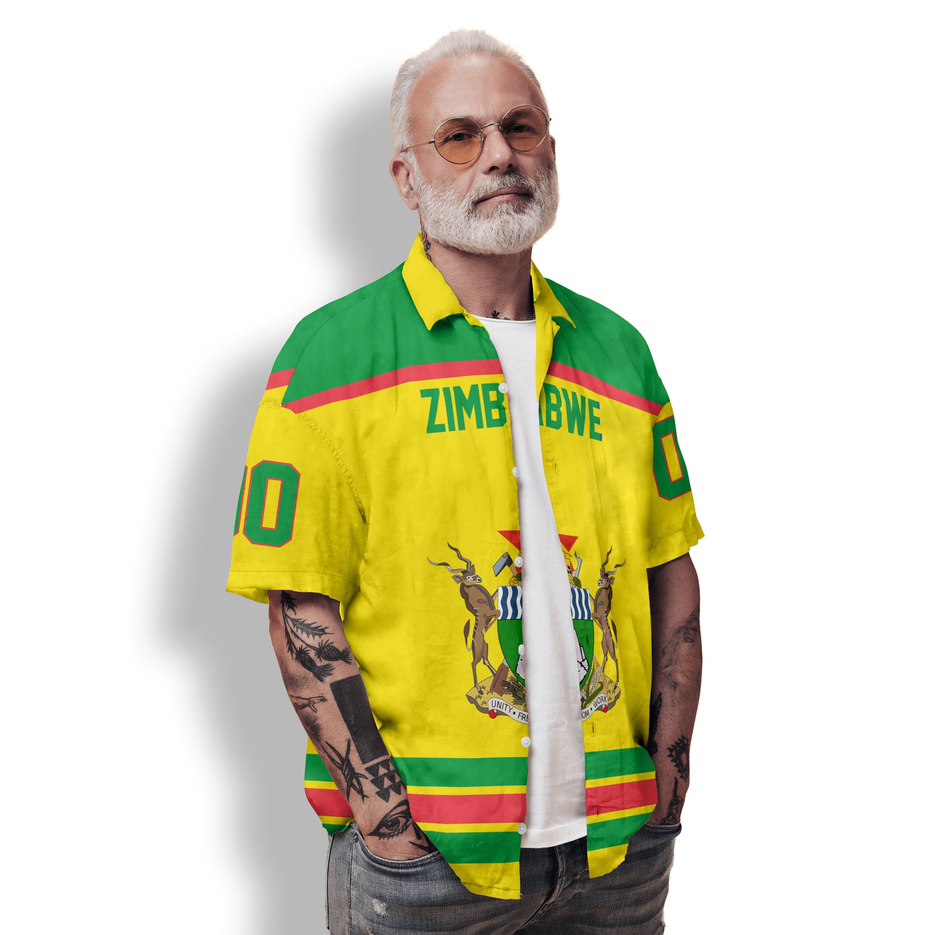 Zimbabwe Hawaiian Shirt Flag & Coat Of Arms Hockey Style