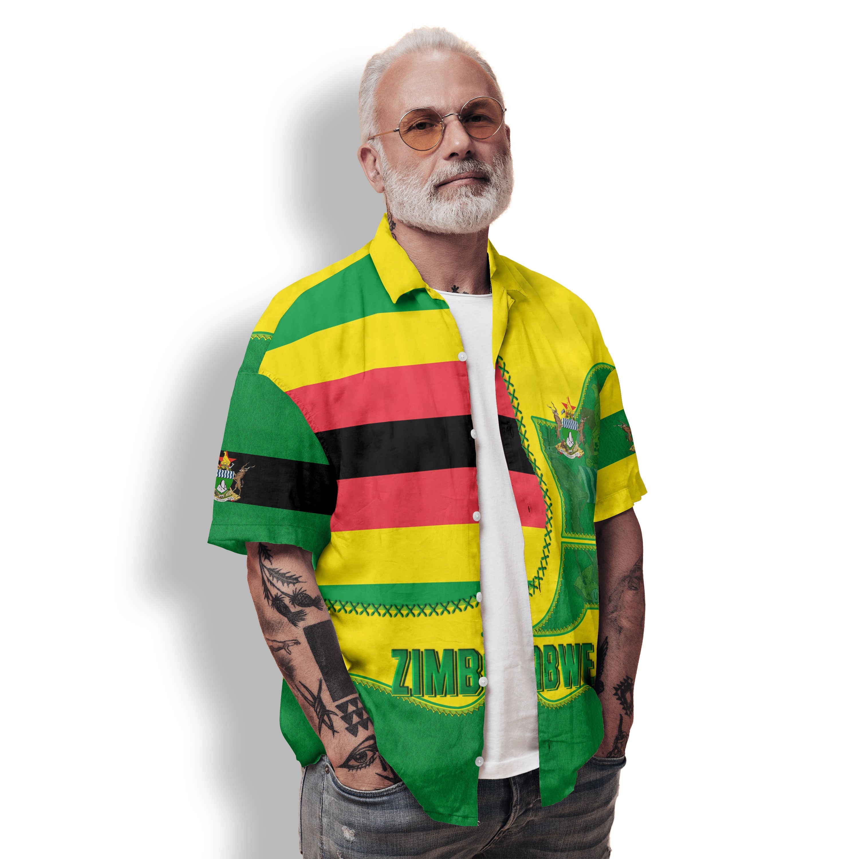 Zimbabwe Hawaiian Shirt Flag & Coat Of Arms Leather Style