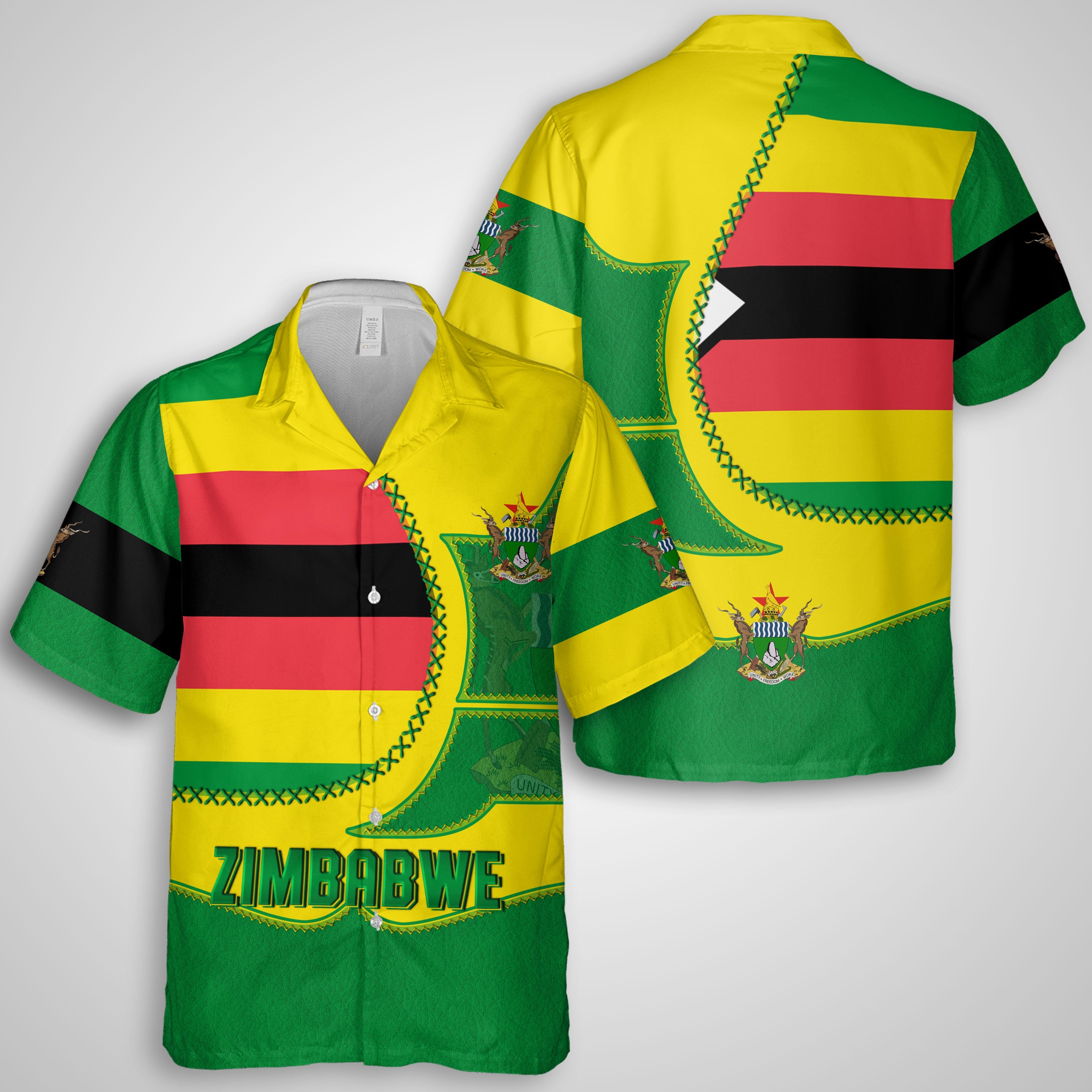 Zimbabwe Hawaiian Shirt Flag & Coat Of Arms Leather Style