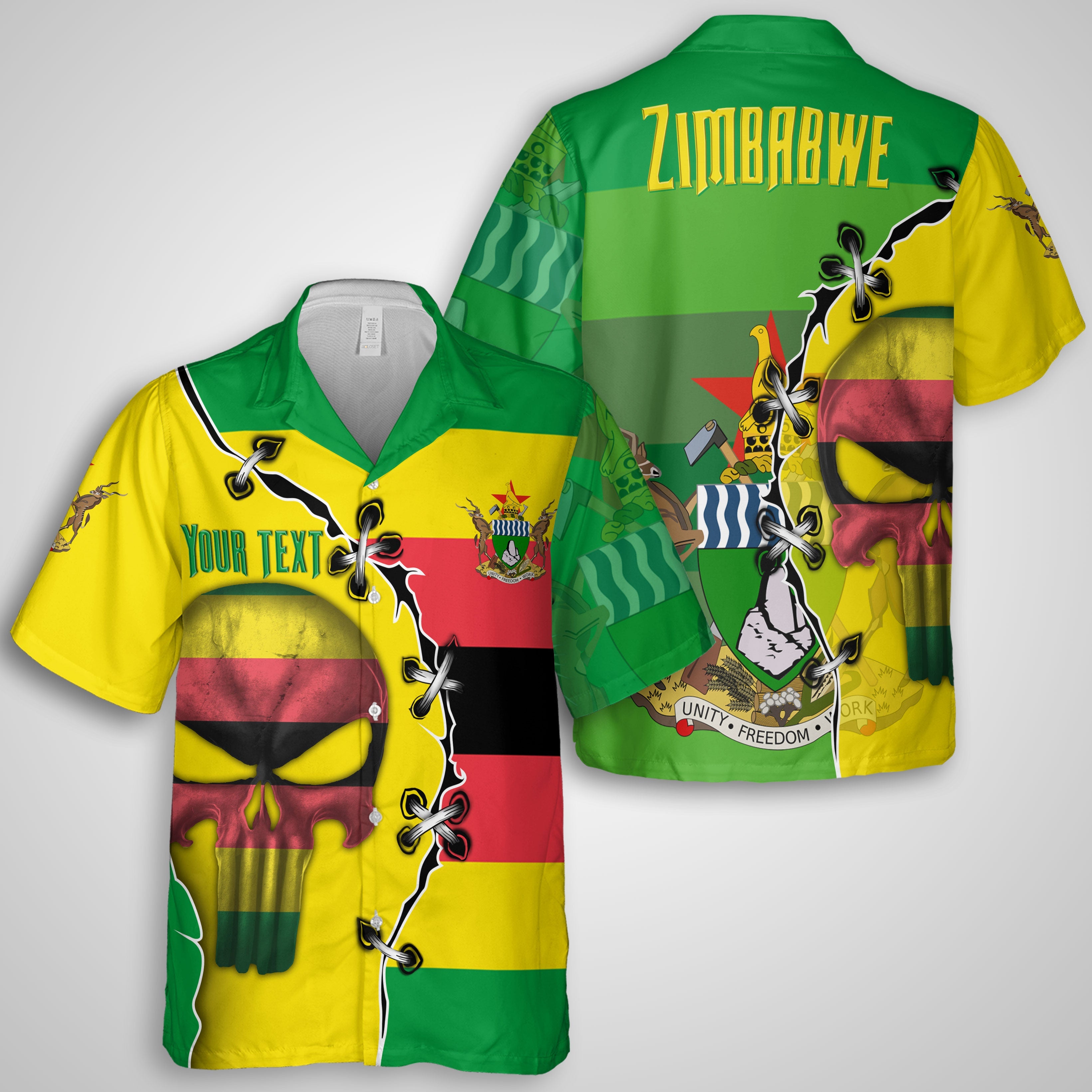 Zimbabwe Hawaiian Shirt Flag & Coat Of Arms Skull Style