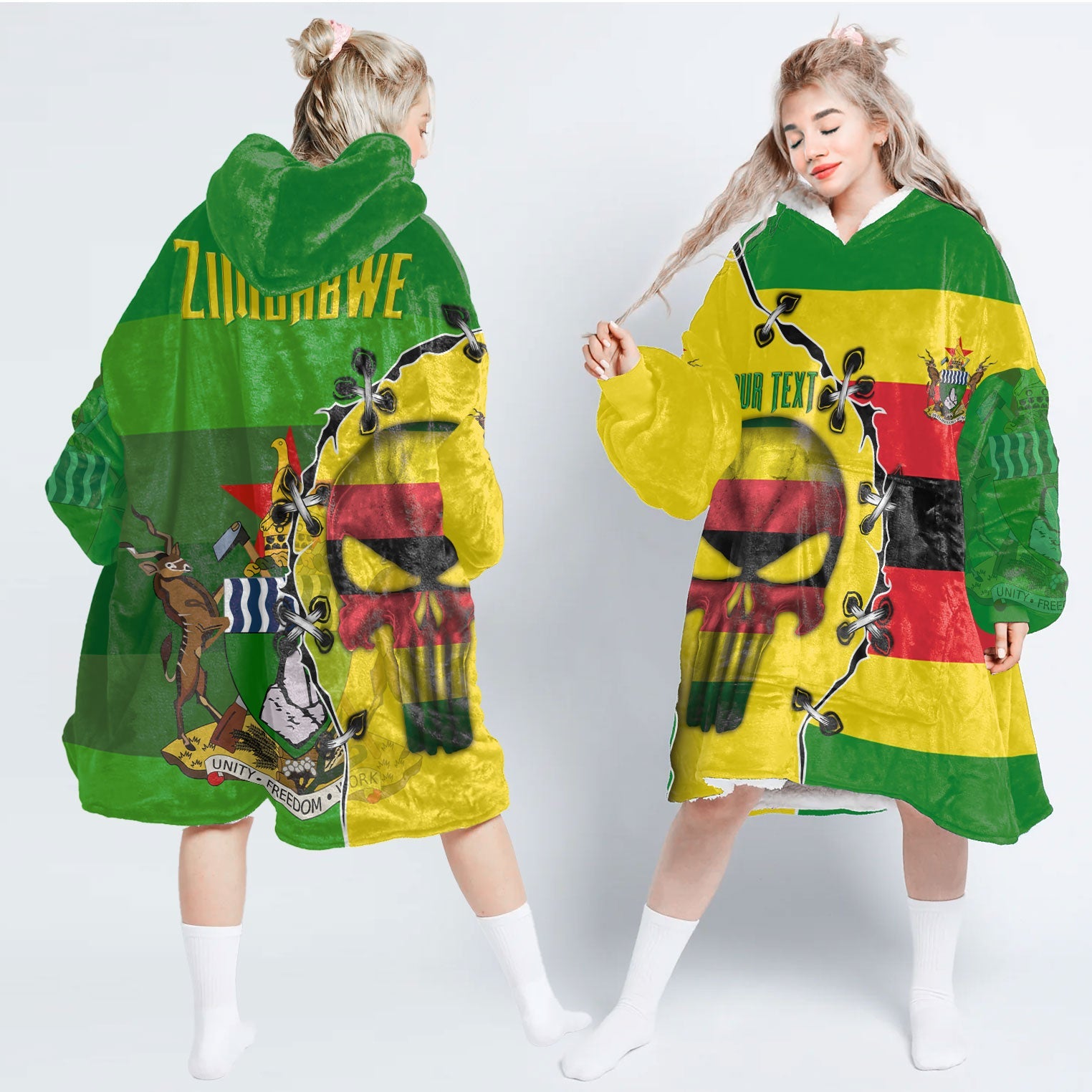 Zimbabwe Snug Hoodie Flag & Coat Of Arms Skull Style