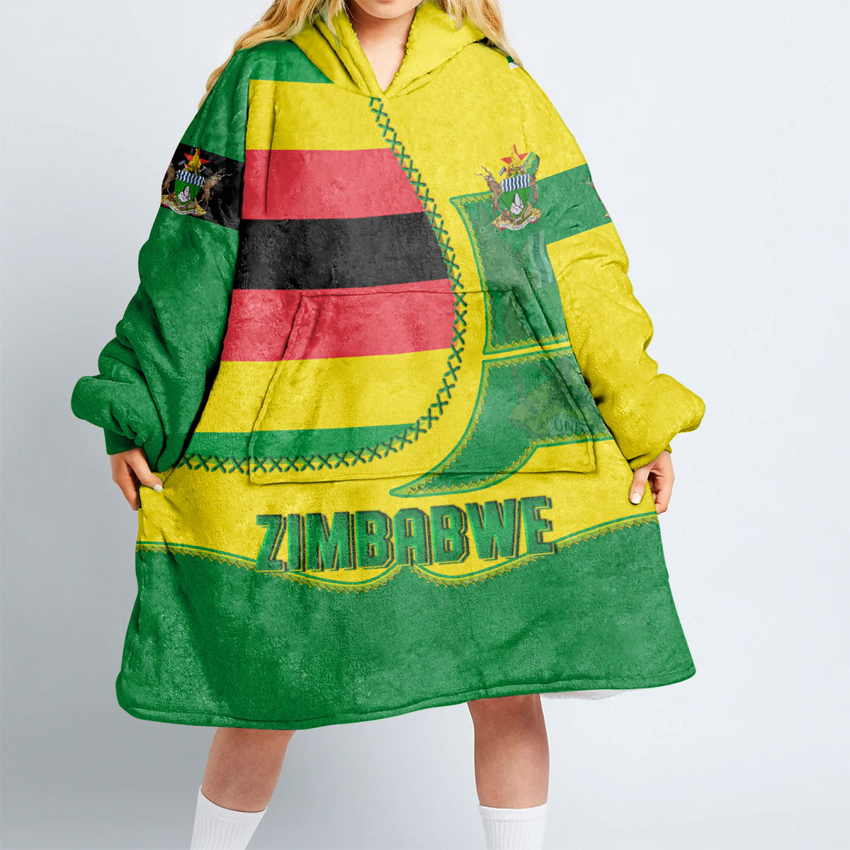 Zimbabwe Hoodie Blanket Flag & Coat Of Arms Leather Style