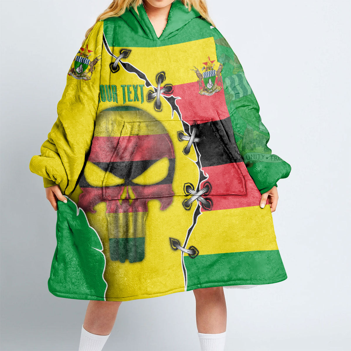 Zimbabwe Snug Hoodie Flag & Coat Of Arms Skull Style