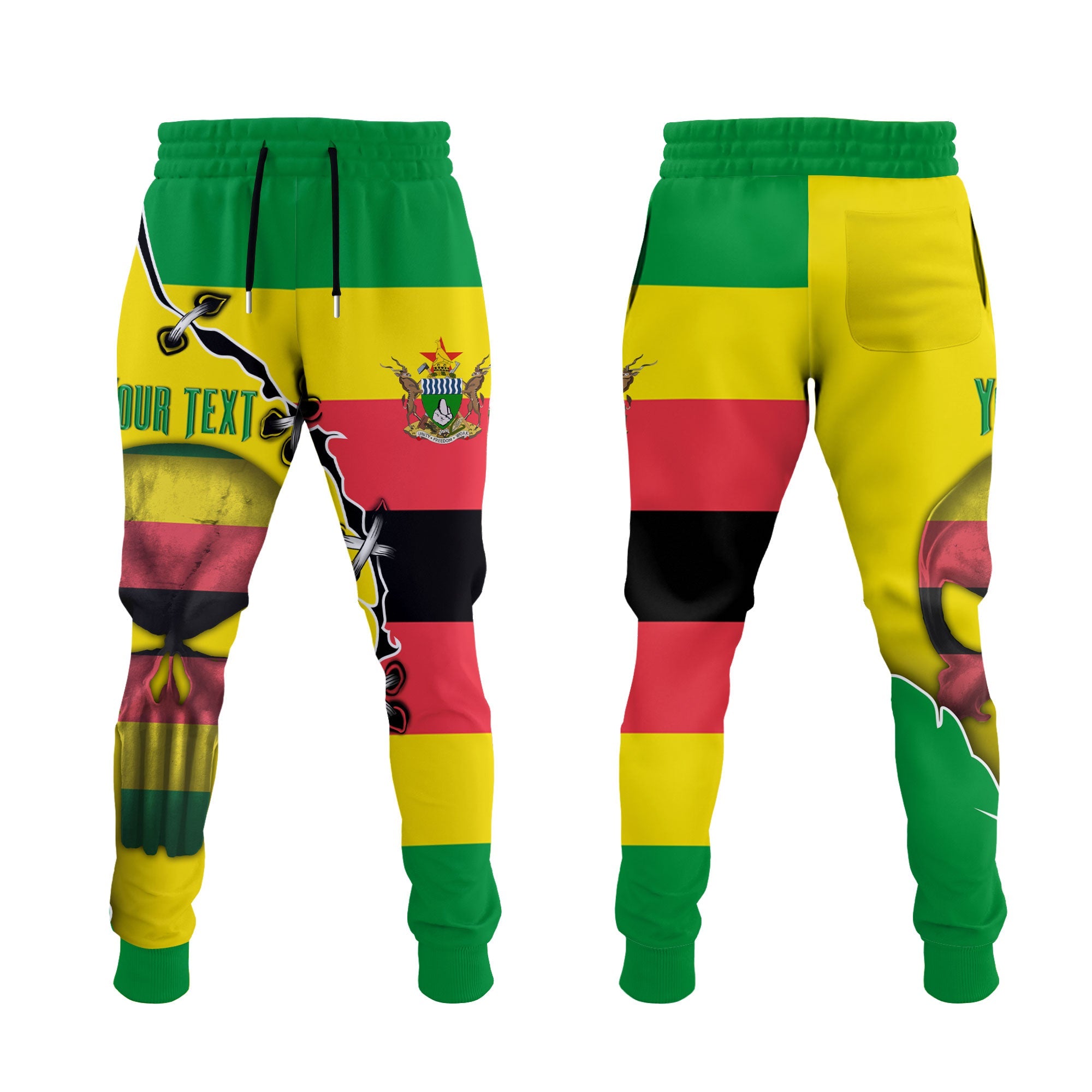 Zimbabwe Jogger Pant Flag & Coat Of Arms Skull Style