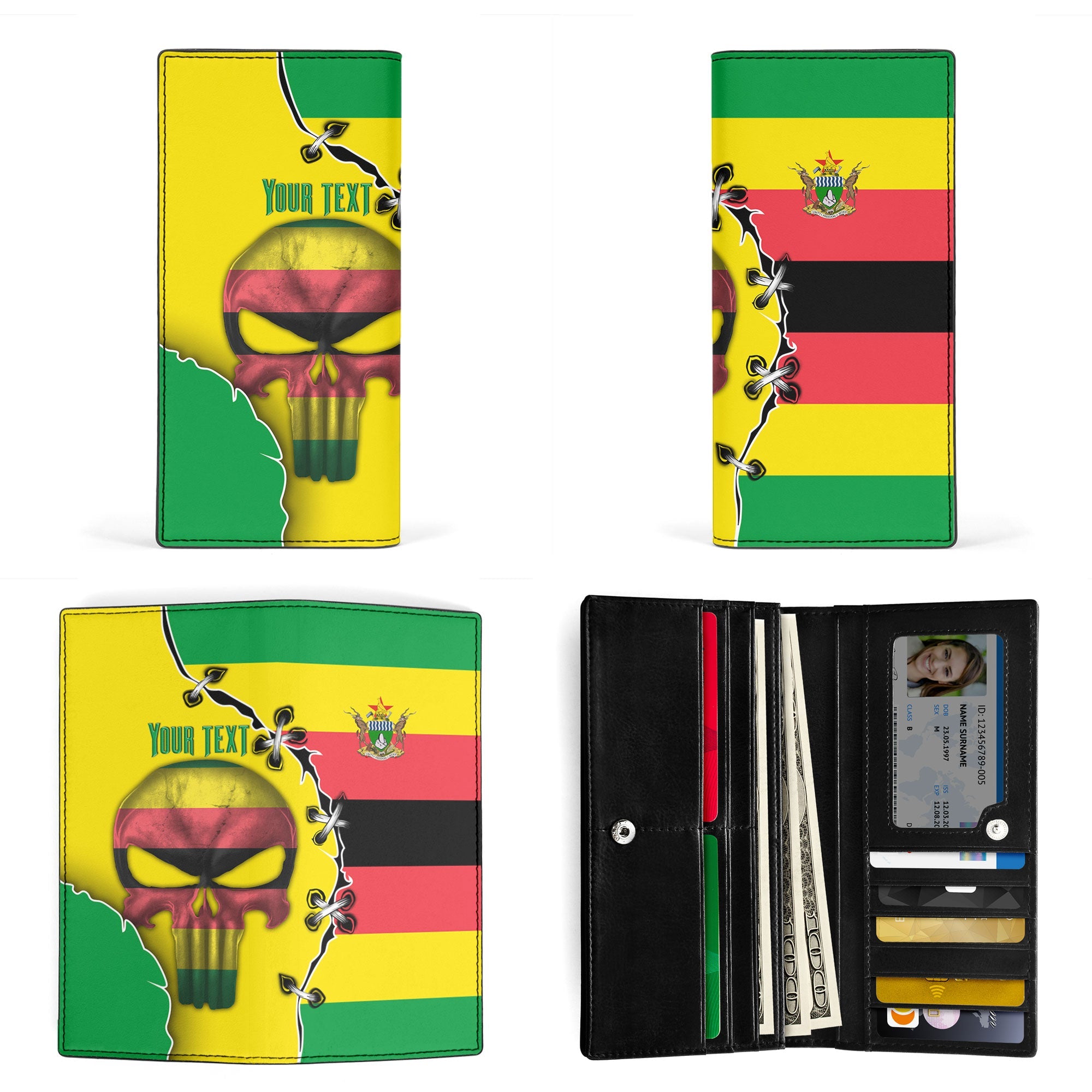 Zimbabwe Leather Wallet Flag & Coat Of Arms Skull Style