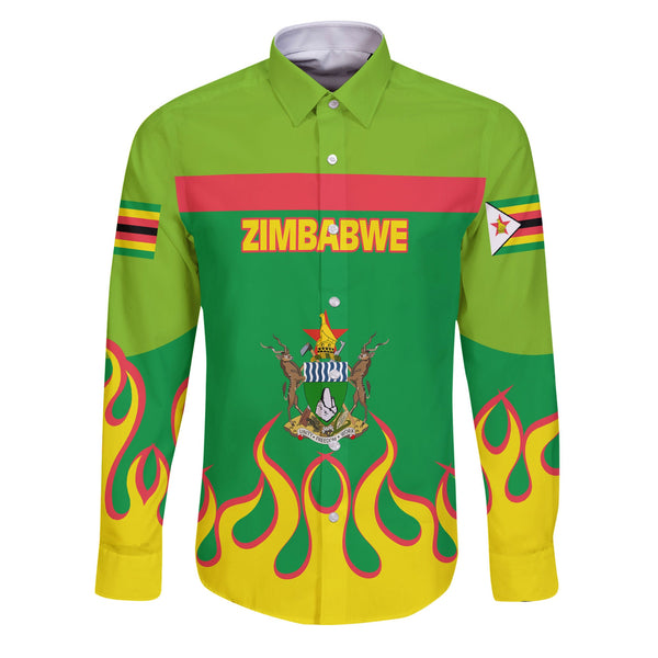 Zimbabwe Long Sleeve Button Shirt Flag & Coat Of Arms Fire Hockey Style