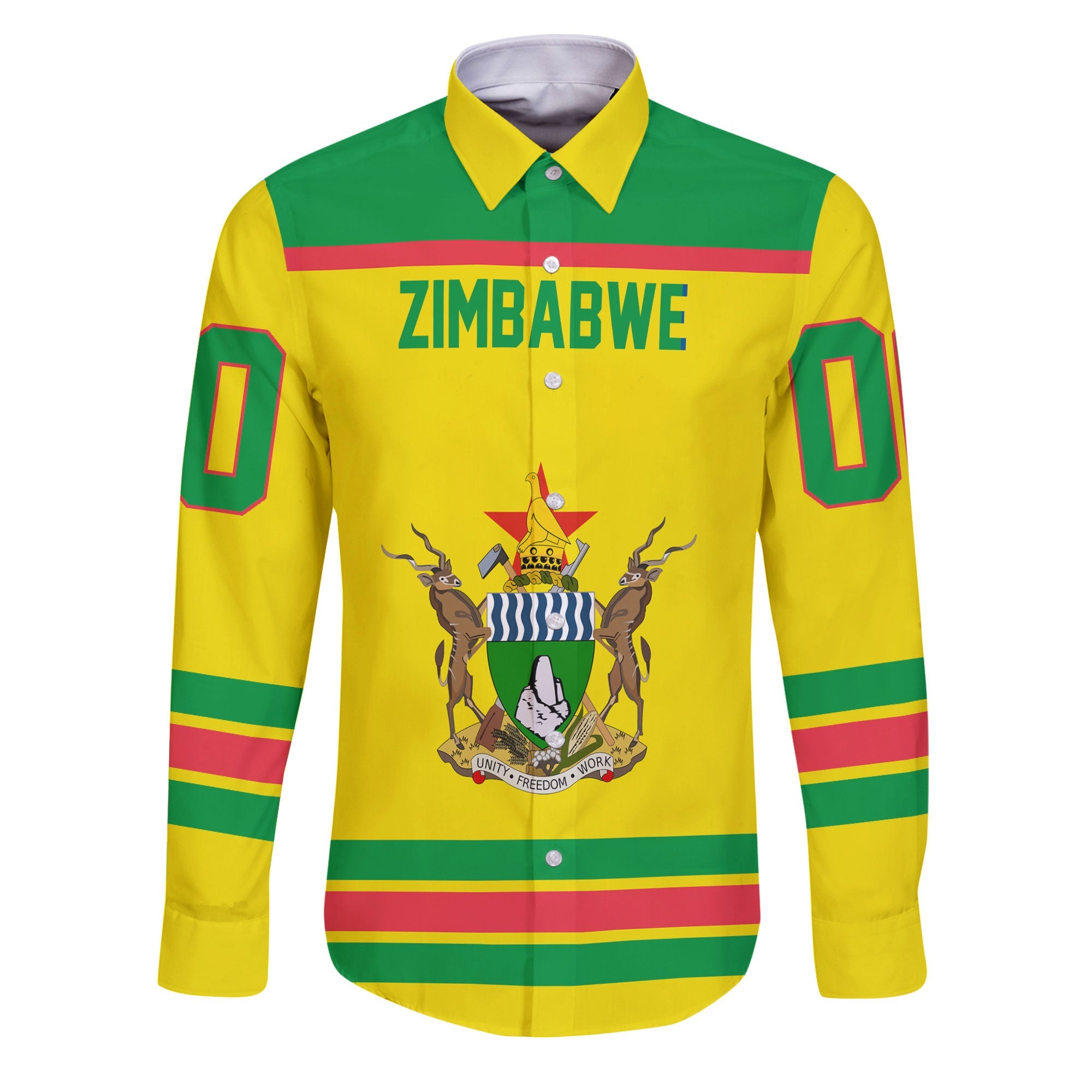 Zimbabwe Long Sleeve Button Shirt Flag & Coat Of Arms Hockey Style