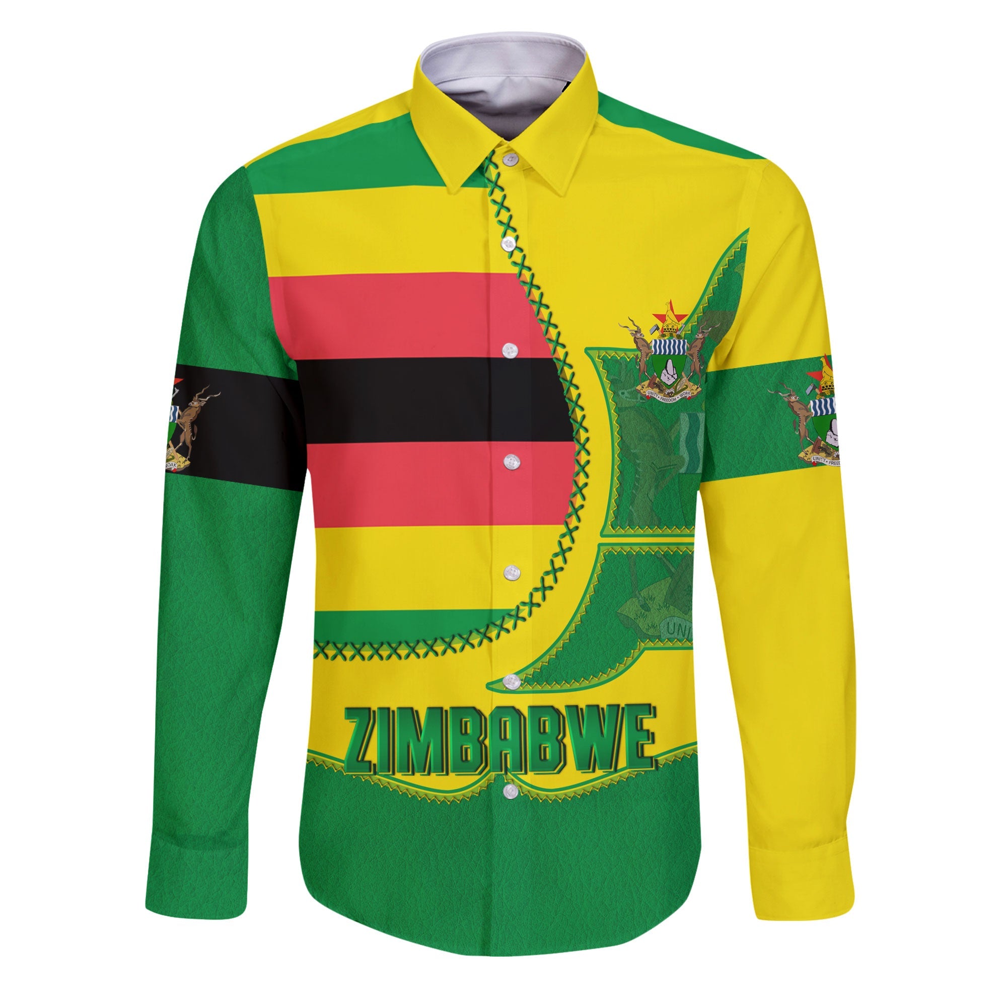 Zimbabwe Long Sleeve Button Shirt Flag & Coat Of Arms Leather Style