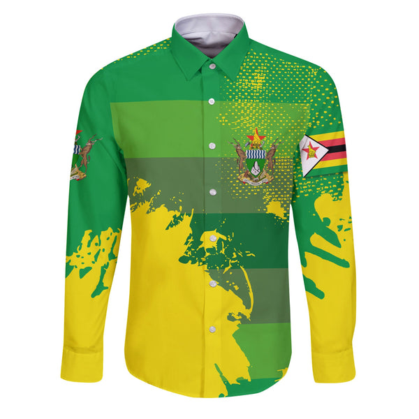 Zimbabwe Long Sleeve Button Shirt Flag & Coat Of Arms Paint Style