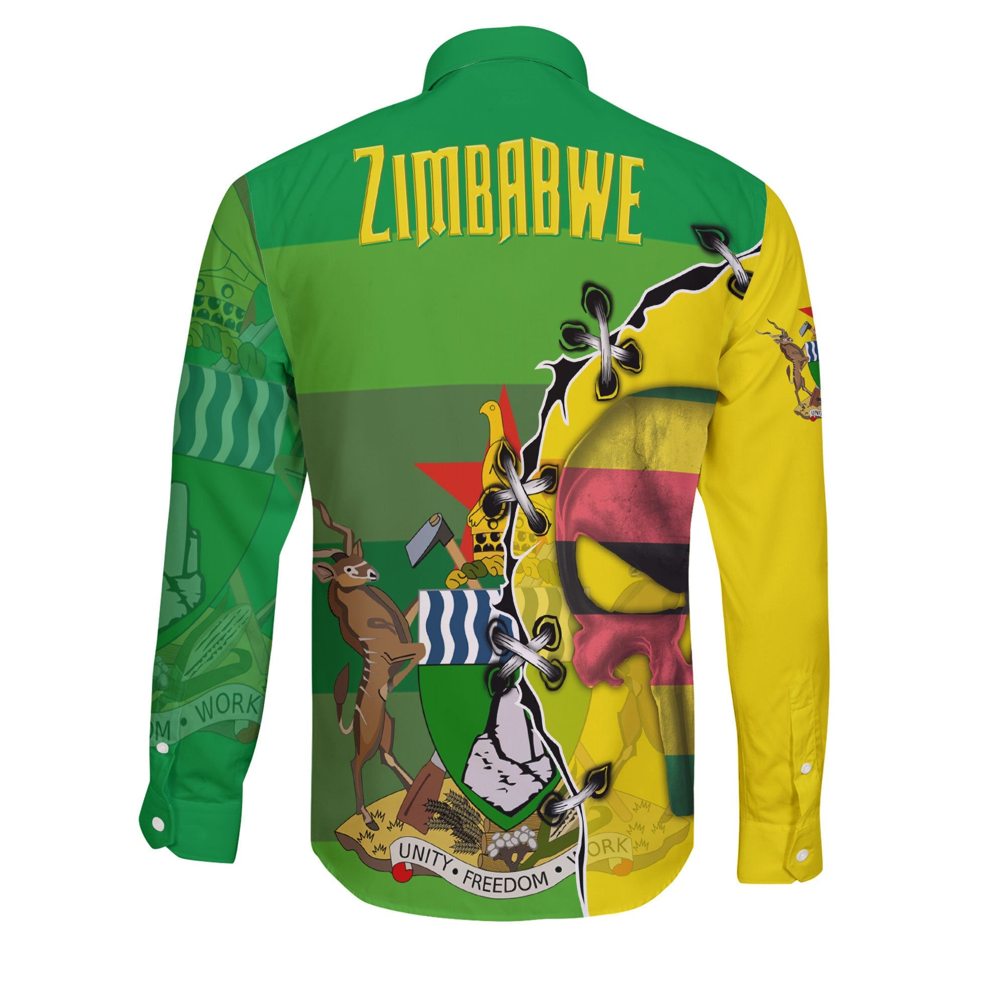 Zimbabwe Long Sleeve Button Shirt Flag & Coat Of Arms Skull Style