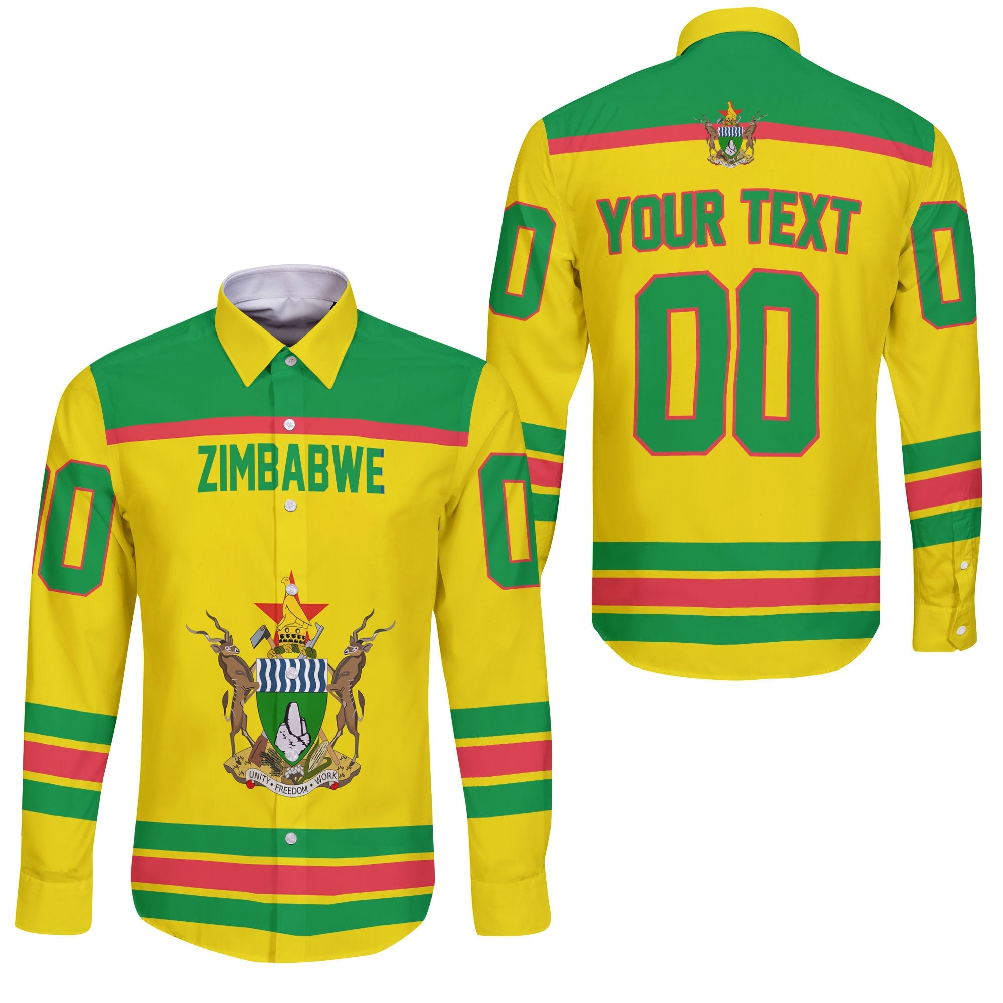 Zimbabwe Long Sleeve Button Shirt Flag & Coat Of Arms Hockey Style