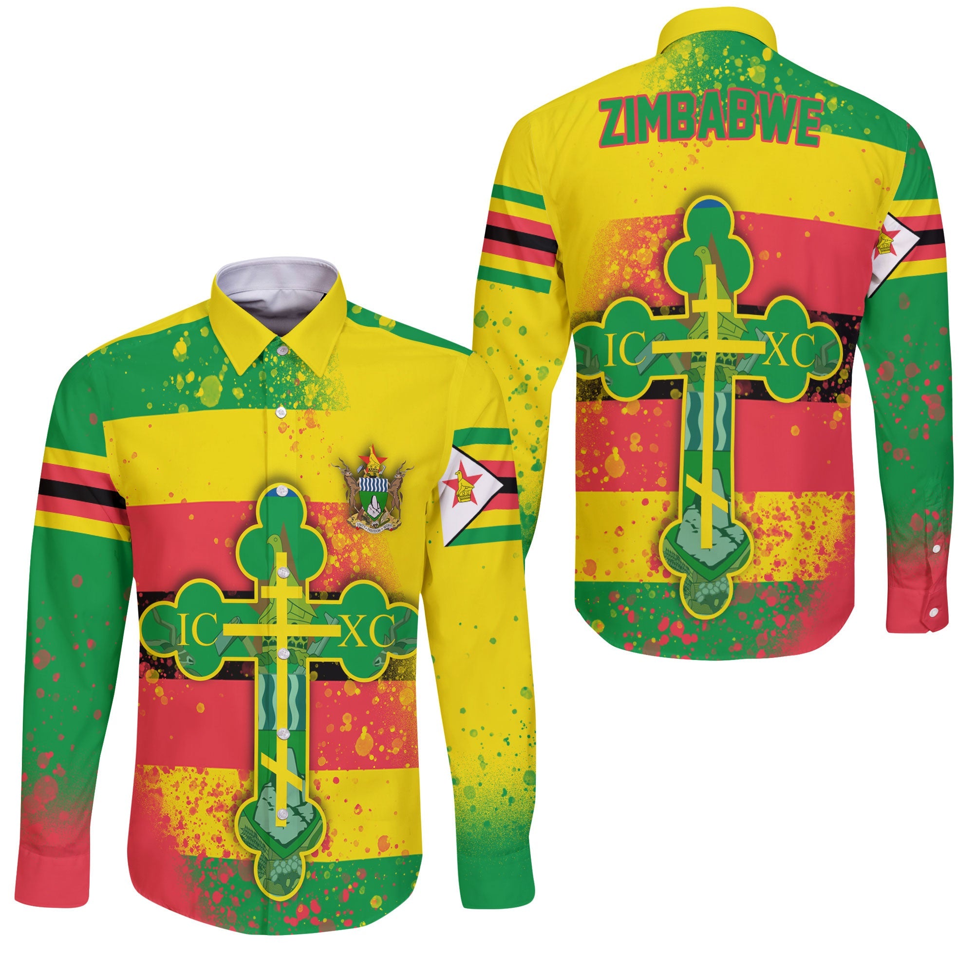 Zimbabwe Long Sleeve Button Shirt Flag & Coat Of Arms Orthodox Style