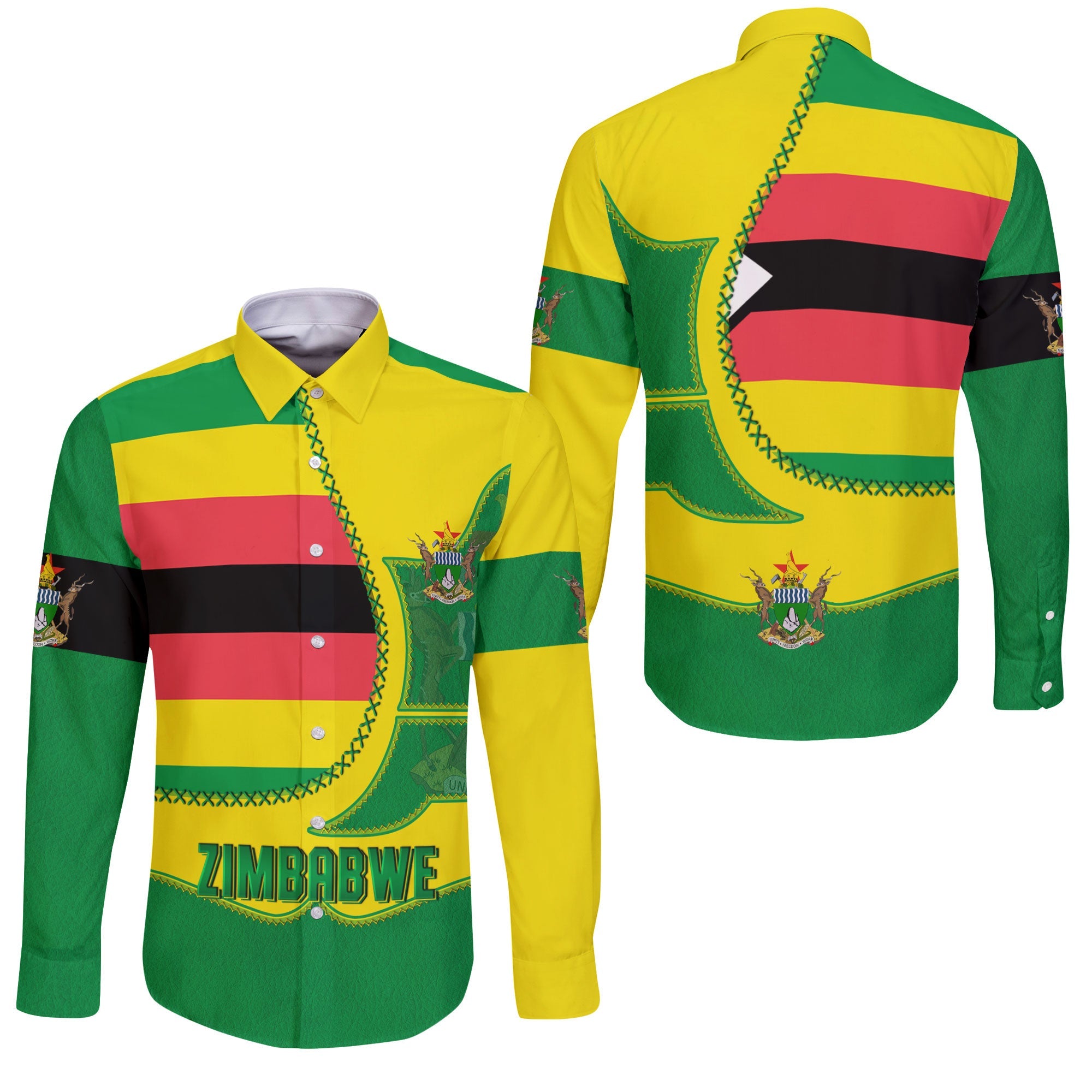 Zimbabwe Long Sleeve Button Shirt Flag & Coat Of Arms Leather Style