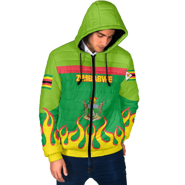 Zimbabwe Men Hooded Padded Jacket Flag & Coat Of Arms Fire Hockey Style