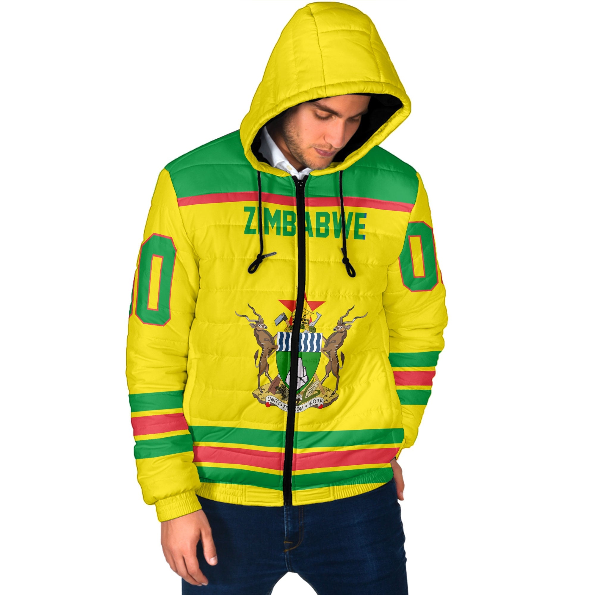 Zimbabwe Men Hooded Padded Jacket Flag & Coat Of Arms Hockey Style