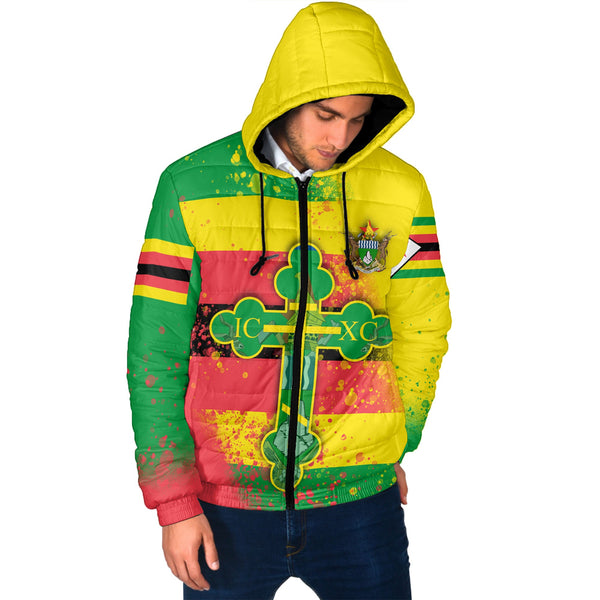 Zimbabwe Men Hooded Padded Jacket Flag & Coat Of Arms Orthodox Style