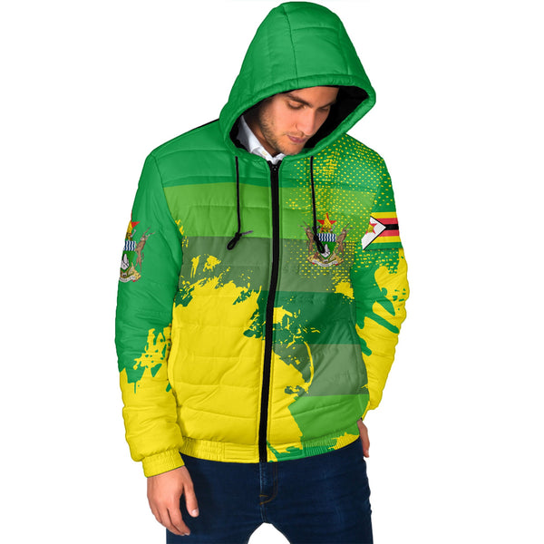 Zimbabwe Men Hooded Padded Jacket Flag & Coat Of Arms Paint Style