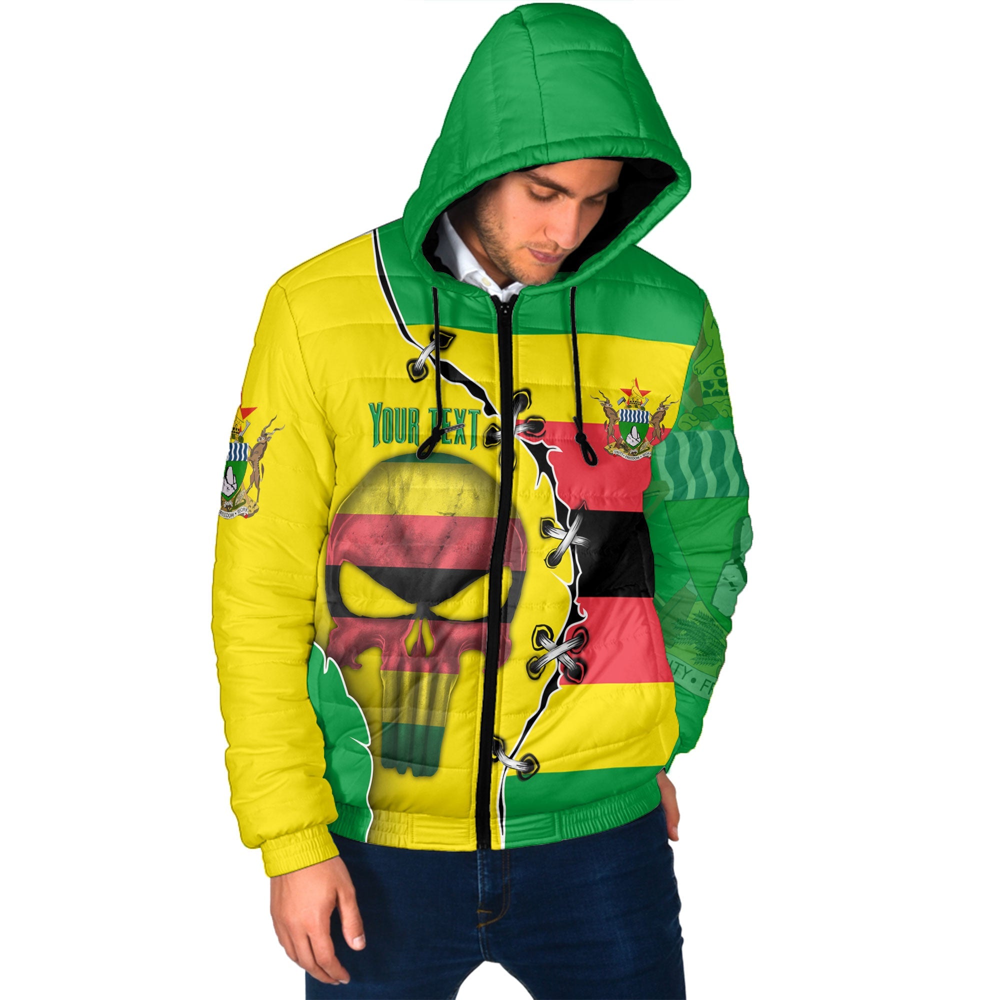 Zimbabwe Men Hooded Padded Jacket Flag & Coat Of Arms Skull Style