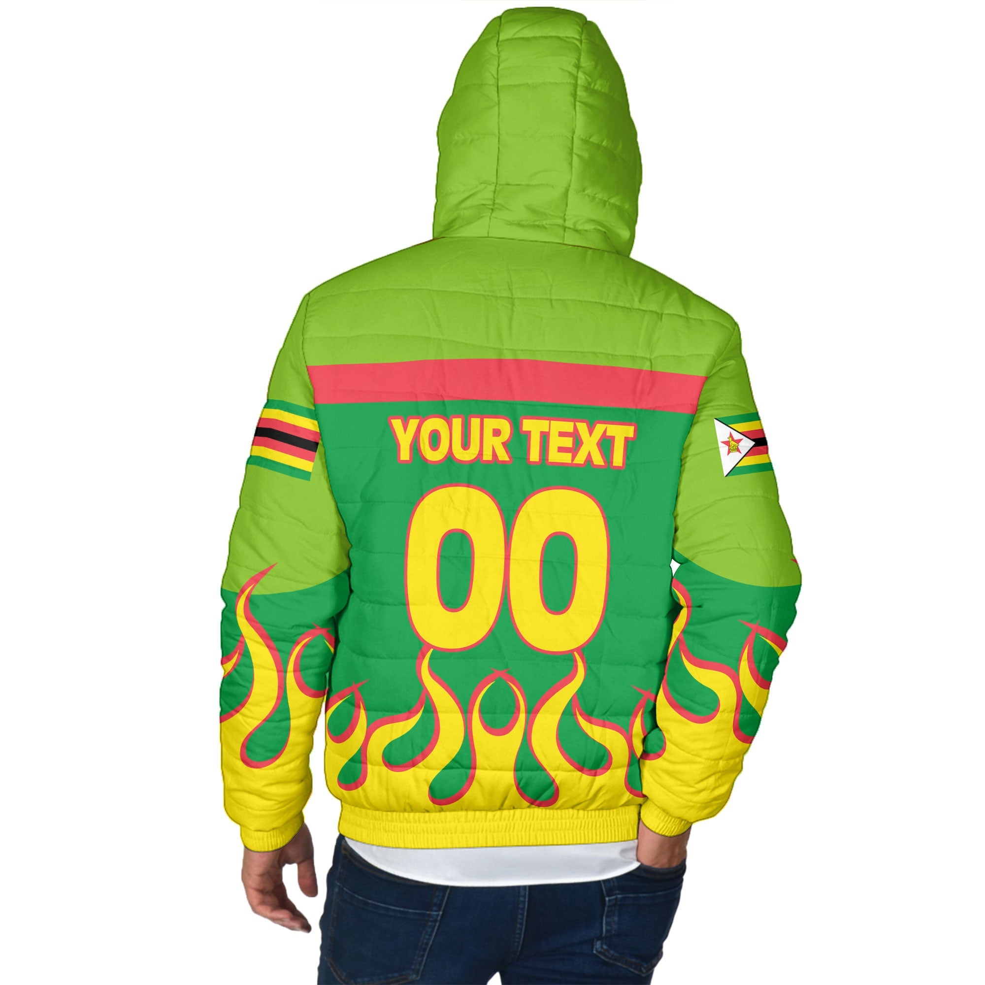 Zimbabwe Men Hooded Padded Jacket Flag & Coat Of Arms Fire Hockey Style